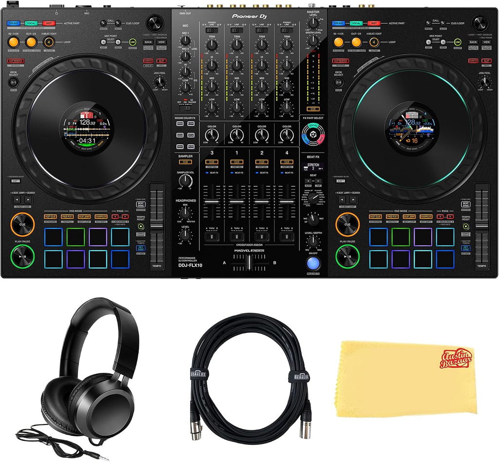 Pioneer DJ DDJ-FLX10 4-Channel Professional DJ Controller - Black Bundle with Gearlux Headphones, DMX Cable, and Austin Bazaar Polishing Cloth