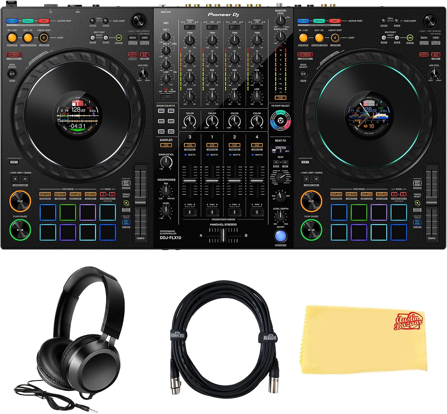 Pioneer DJ DDJ-FLX10 4-Channel Professional DJ Controller - Black Bundle with Gearlux Headphones, DMX Cable, and Austin Bazaar Polishing Cloth