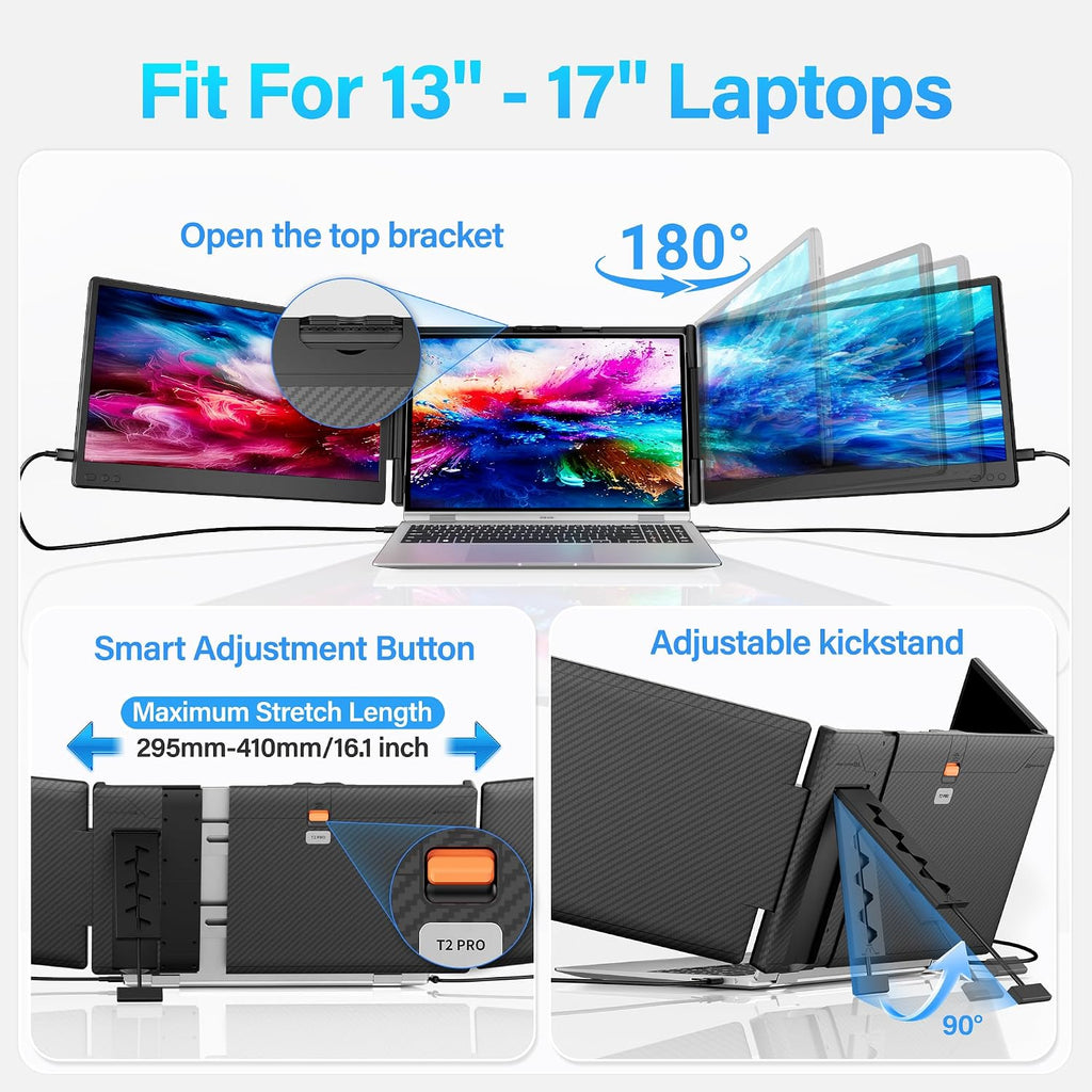 Laptop Screen Extender, 14.2' FHD 1080P Triple Portable Monitor for Laptop with Smart Adjustment Button, USB-C/HDMI Plug and Play Monitor Extender for Wins/Mac/Android/Switch, Fit 13-17' Laptops