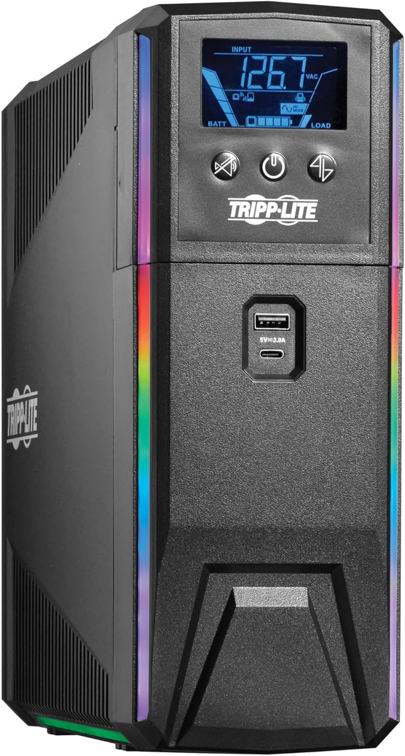 Tripp Lite Pure Sine Wave Gaming UPS Battery Backup, 600VA 360W 120V, Detachable LCD, Automatic Voltage Regulation, USB, RGB LED Lights, 3-Year Warranty & $250K Insurance (SMART600PSGLCD)