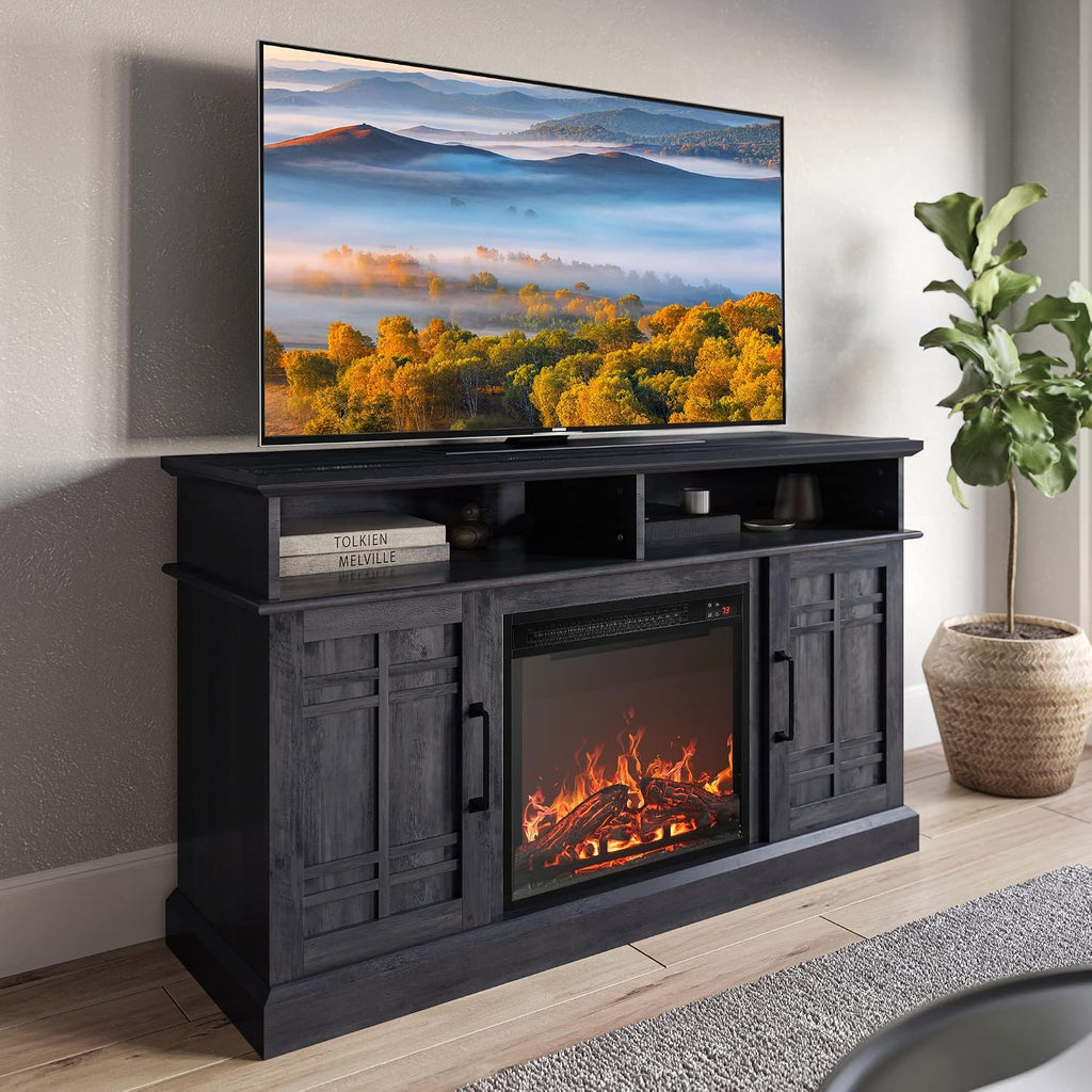 BELLEZE 48' TV Stand with 18' Electric Fireplace Heater, Modern TV Stand for TVs up to 50', Entertainment Media Stand with Open Shelves and Storage Cabinets for Living Room, Bedroom (Rustic Grey)