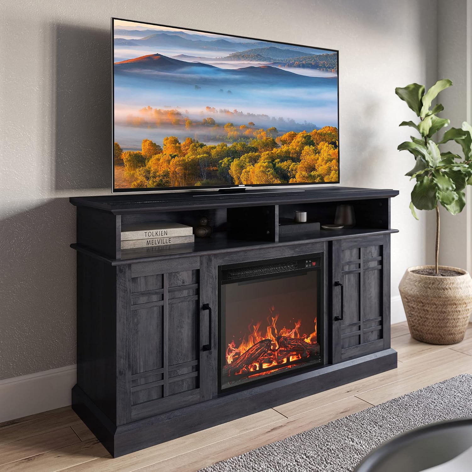 BELLEZE 48' TV Stand with 18' Electric Fireplace Heater, Modern TV Stand for TVs up to 50', Entertainment Media Stand with Open Shelves and Storage Cabinets for Living Room, Bedroom (Rustic Grey)