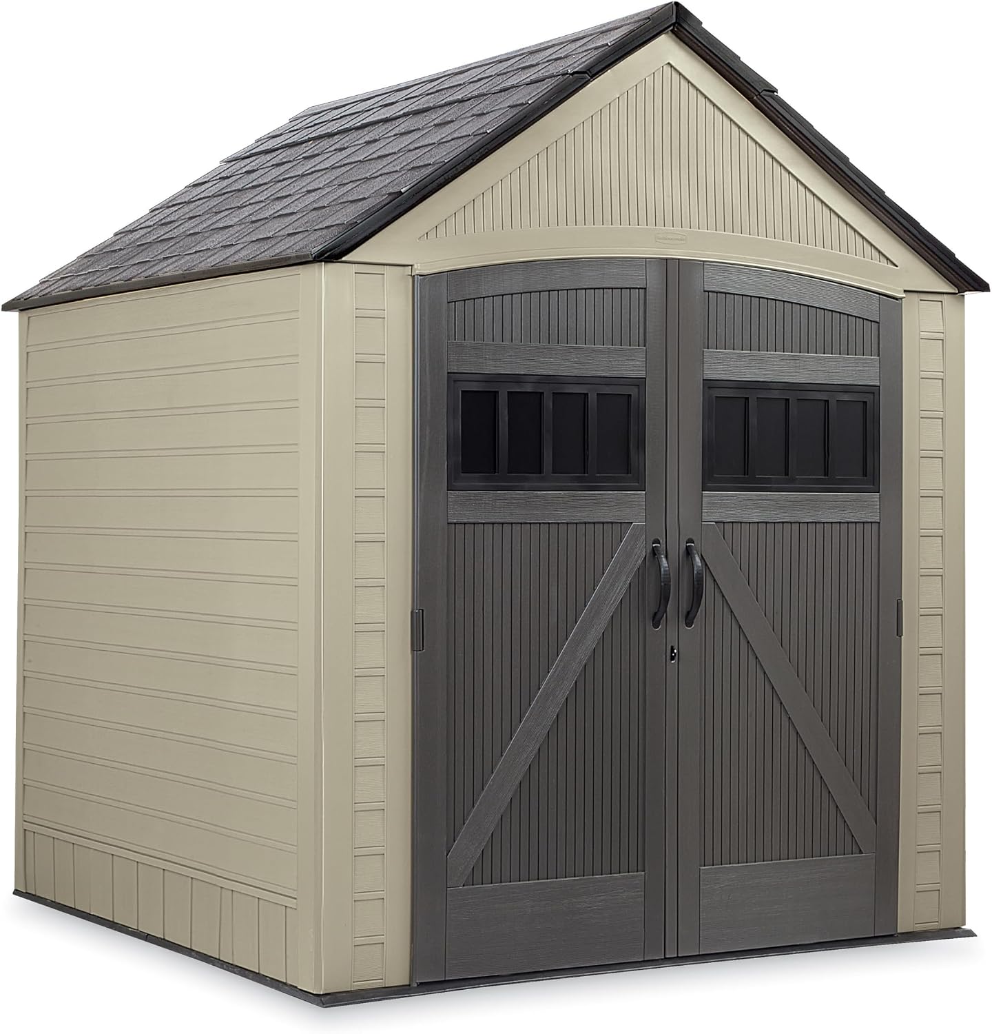 Rubbermaid Resin Outdoor Storage Shed with Floor (7 x 7 Ft) Weather Resistant, Brown Gable, Organization for Home/Backyard/Garden Tools/Lawn Mower/Bike Storage/Pool Supplies