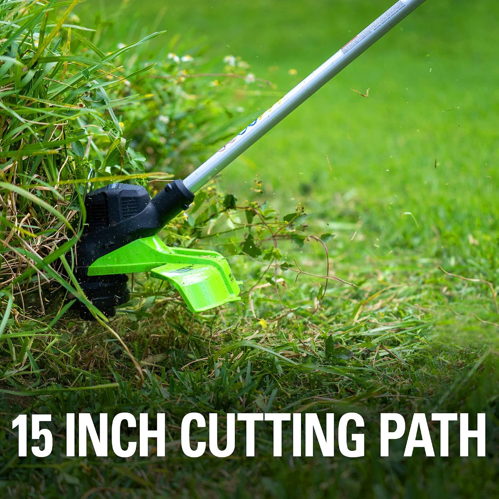 Greenworks 48V (24V x 2) 15' String Trimmer, (2) 2Ah Batteries and 4A Dual Port Charger Included