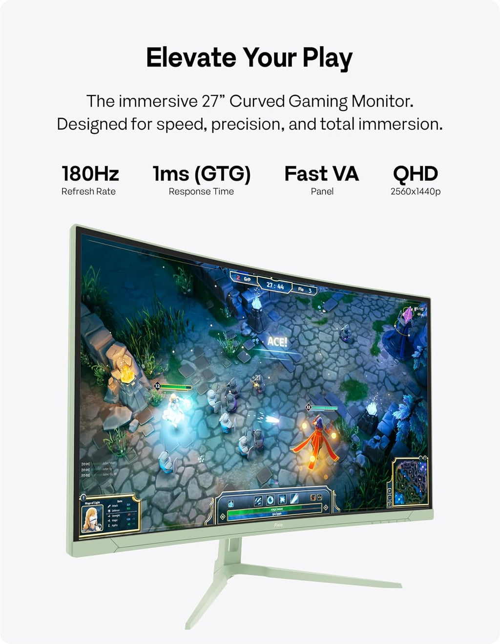 Pixio PXC278 Wave Mint Green 27 inch 180Hz Refresh Rate QHD 1440p Resolution 1650R Curved Fast VA Panel 1ms GTG Response Time Adaptive Sync HDR Curved Gaming Monitor
