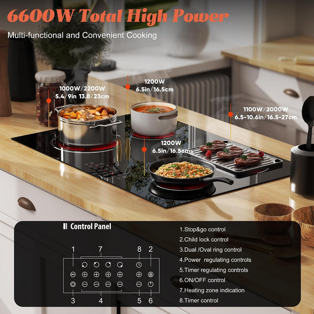 4 Burner Electric Cooktop, Built-in 30 Inch Electric Stove Top 6600W, Ceramic Stove Top with Expanded Zone, Touch Control, Child Lock, Timer, Pause Control, 220V - 240V Hard Wire, No Plug