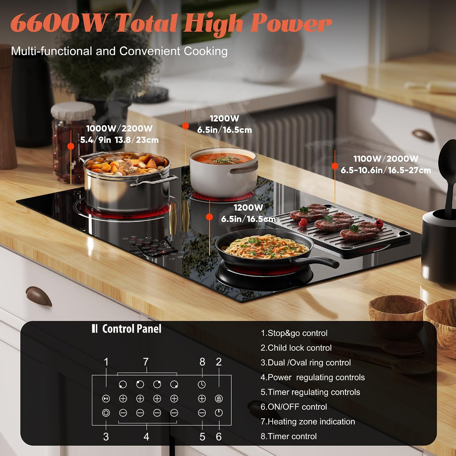4 Burner Electric Cooktop, Built-in 30 Inch Electric Stove Top 6600W, Ceramic Stove Top with Expanded Zone, Touch Control, Child Lock, Timer, Pause Control, 220V - 240V Hard Wire, No Plug