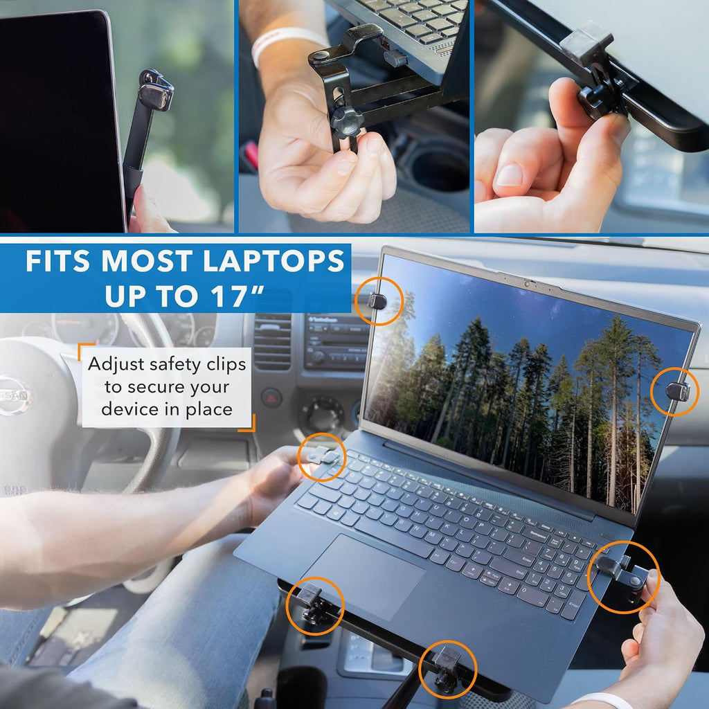 Mount-It! Car Laptop Mount, No-Drill Passenger Seat Laptop Stand with Cooling Tray for Up to 17″ Laptops & Tablets, Adjustable Full Motion Vehicle Laptop Mount