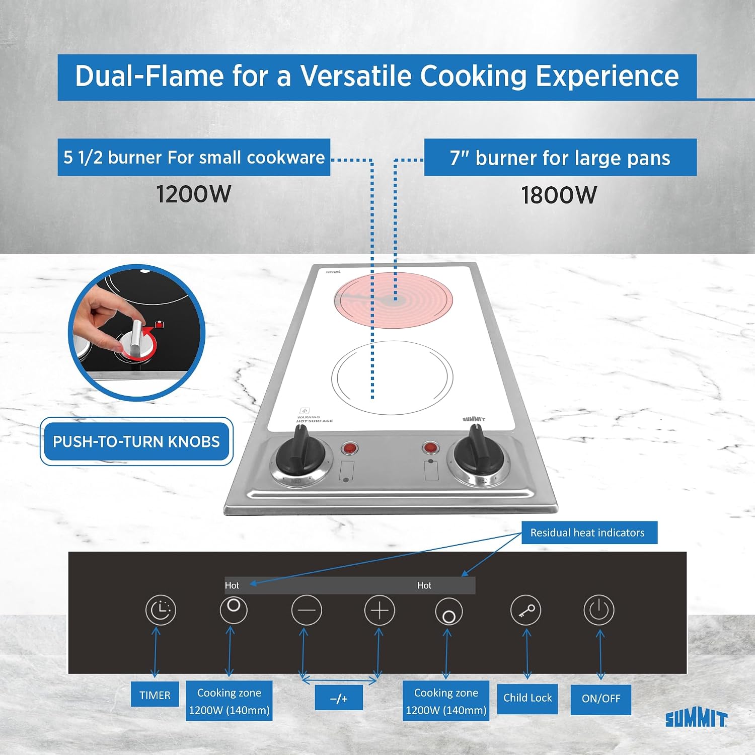 Summit 12' 2 Burner Electric Cooktop. 115 Volt, Radiant, ADA Compliant, White - CR2B120WH