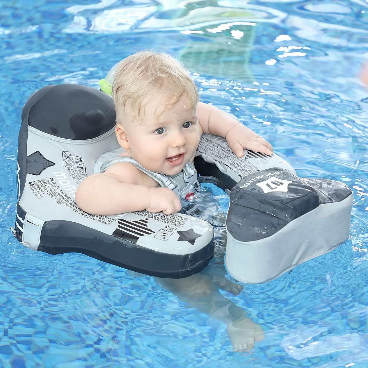 Mambobaby Float Upgrade Add Tail Baby Float with Canopy for Infant Waist Swimming Ring Swim Trainer Non-Inflatable Floats Toys with Adjustable Safety Strap (Grey Airplane)