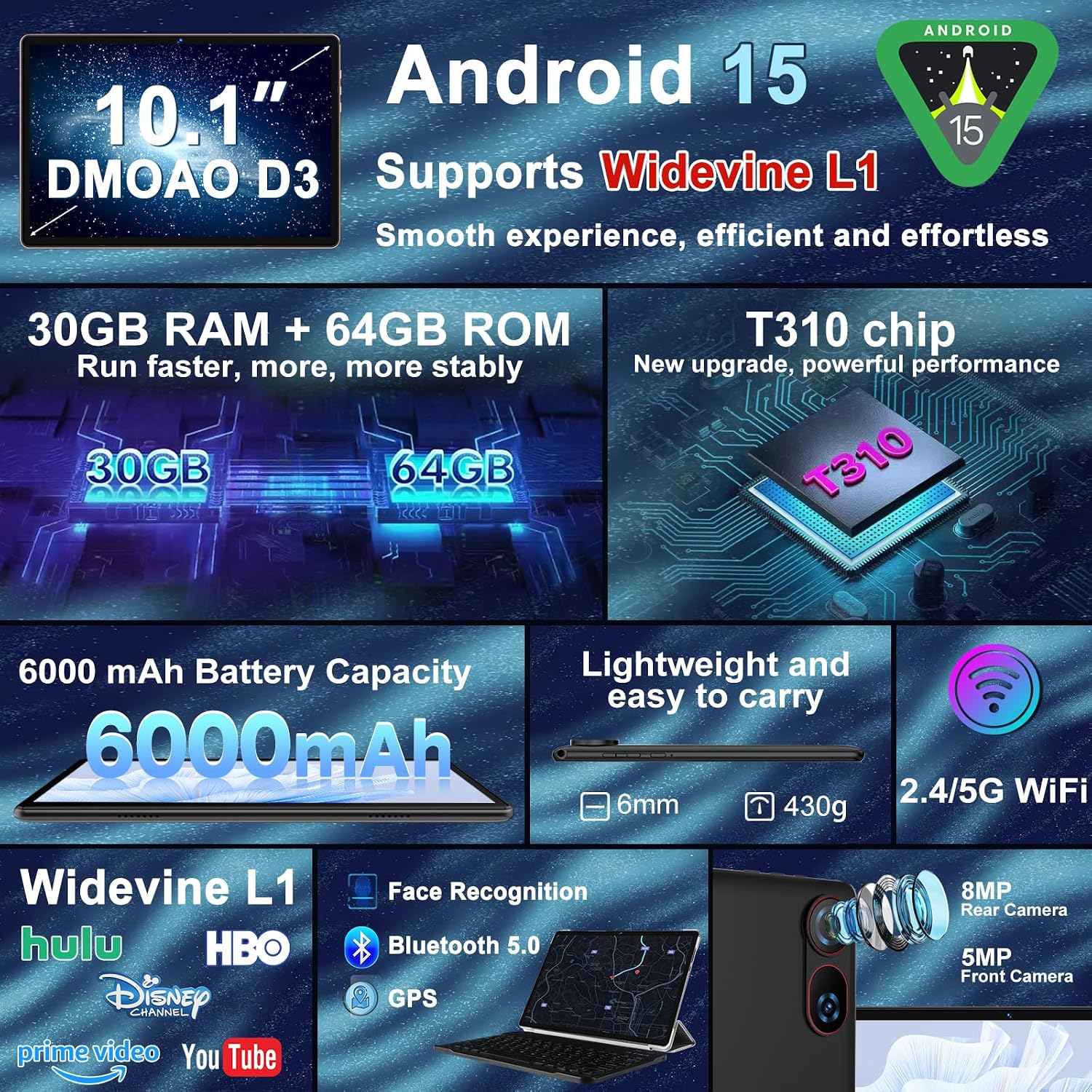 DMOAO Tablet, 2026 Android 15 Tablet with Gemini AI, 10.1 Inch FHD Display, 30GB RAM 64GB ROM /1TB TF, 6000mAh Battery, Octa-Core 2.0GHz, Widevine L1, 2 in 1 Tablets with Keyboard Mouse(Blue)