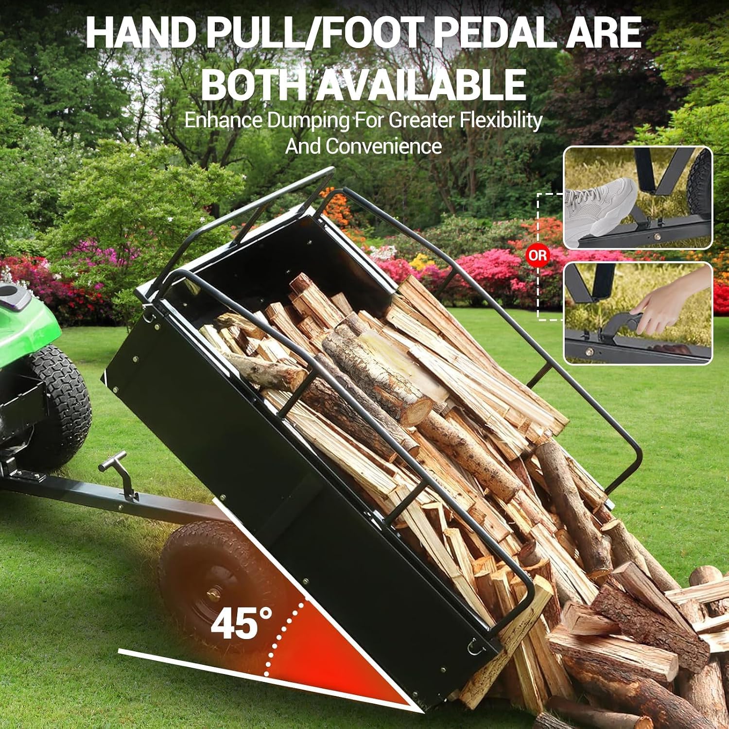 Garvee 750 LBS Utility Trailer, 15 Cubic Feet Heavy Duty Steel Dump Cart Garden Trailer with Removable Sides,Hand Pull or Foot Pedal Garden Dump Cart for ATV, UTV, Lawn Mowers and Tractors
