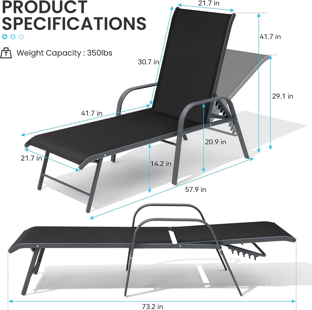 Crestlive Products Lounge Chair Outdoor with Armrests, Pool Lounge Chairs Set of 2, Aluminum Adjustable 5 Positions Tanning Chairs for Outside, Patio, Poolside, Yard, Deck, Backyard (Black)