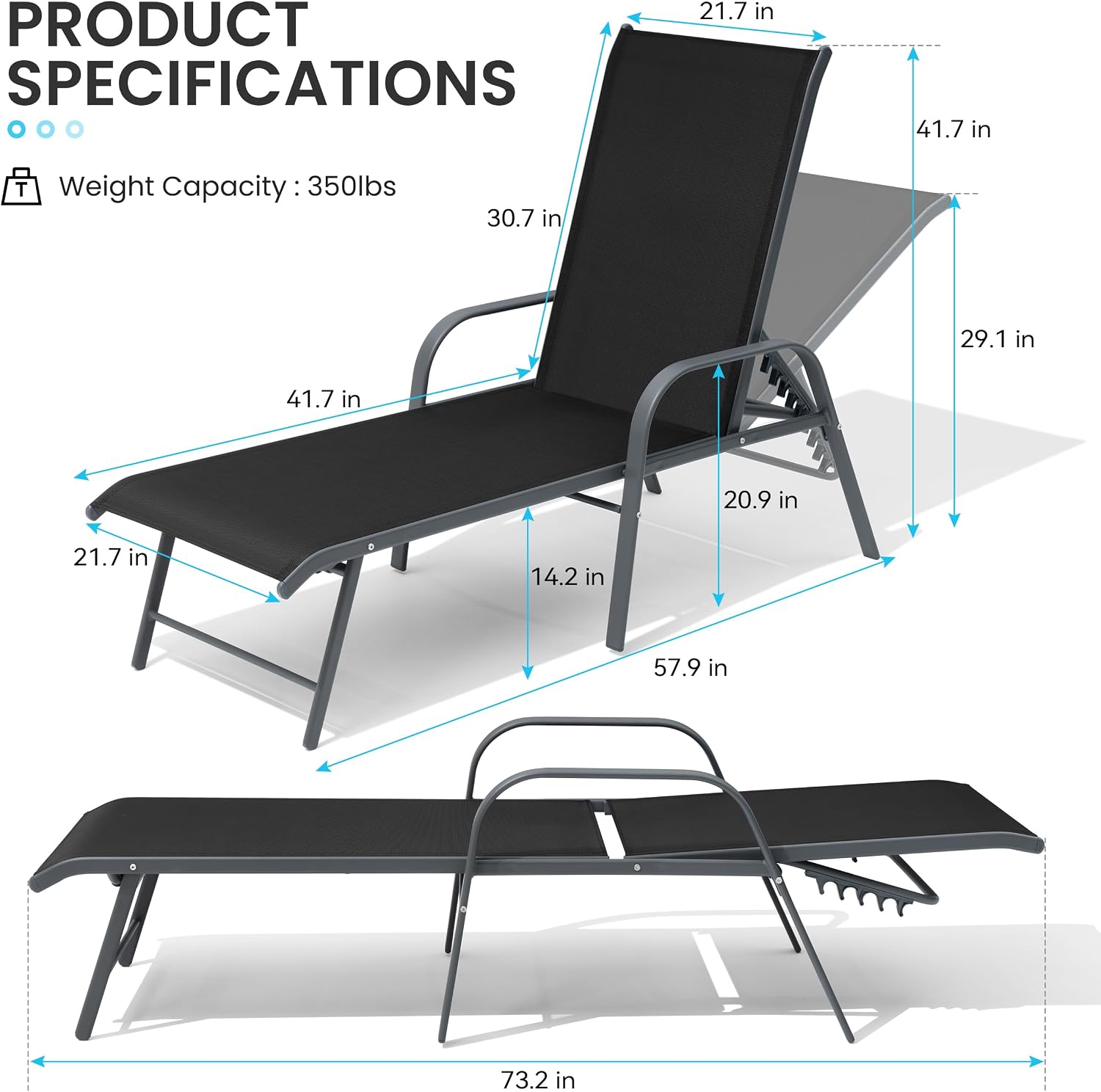 Crestlive Products Lounge Chair Outdoor with Armrests, Pool Lounge Chairs Set of 2, Aluminum Adjustable 5 Positions Tanning Chairs for Outside, Patio, Poolside, Yard, Deck, Backyard (Black)