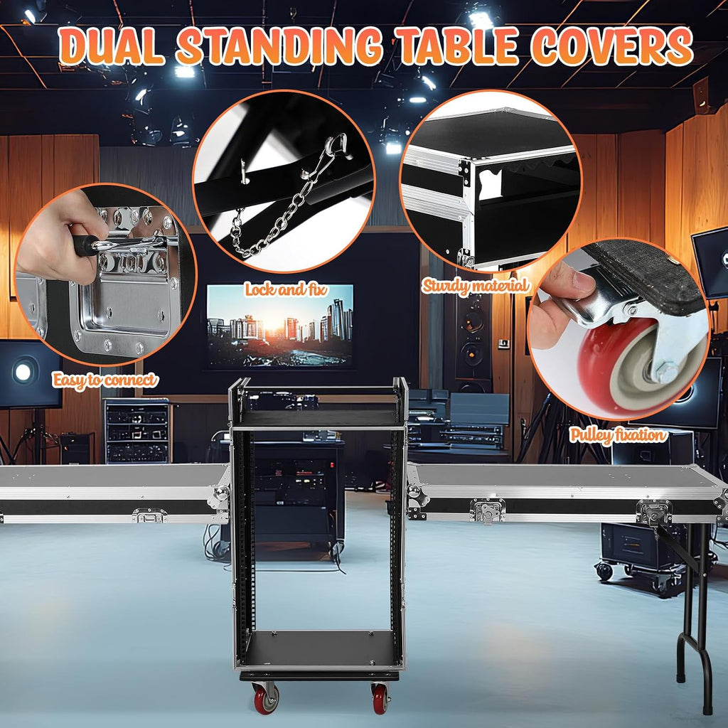 16u Road Case with 60° Slant Mixer Top, 4 Casters - Brake System, 2 Side Table up to 110lb 20' Rackable Depth Plywood & Tour Grade Hardware ATA Rack Cases Audio Mixer for Pro Stage Performance