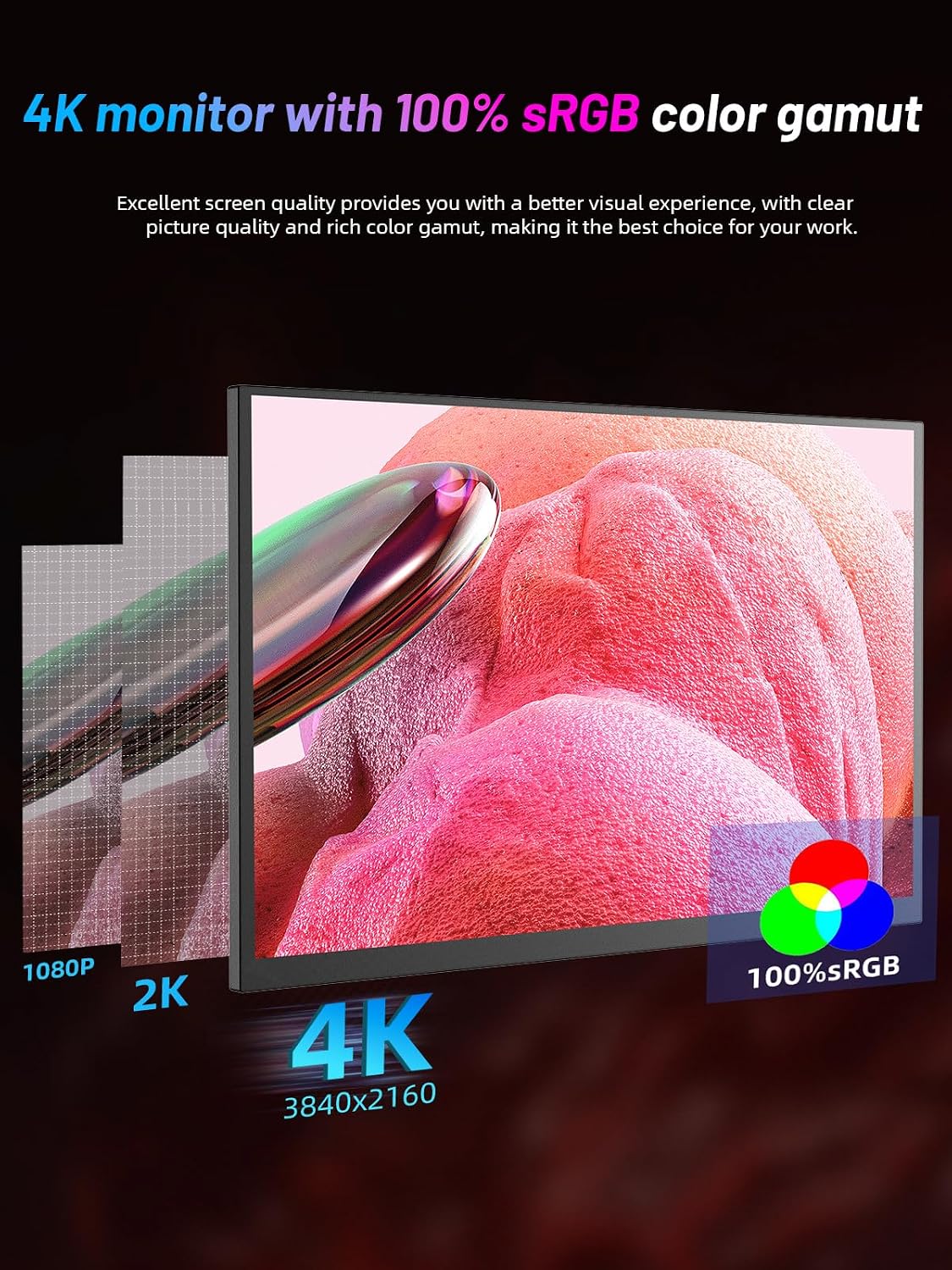 4K Portable Monitor 18.5' 3840x2160 UHD USB-C HDMI for Laptop, 1000:1, 100%sRGB, Built-in Stand & VESA Mount, 8Bit IPS Computer Gaming Display Travel Monitor for Desktop Mac Phones Tablet PS5/4 Switch