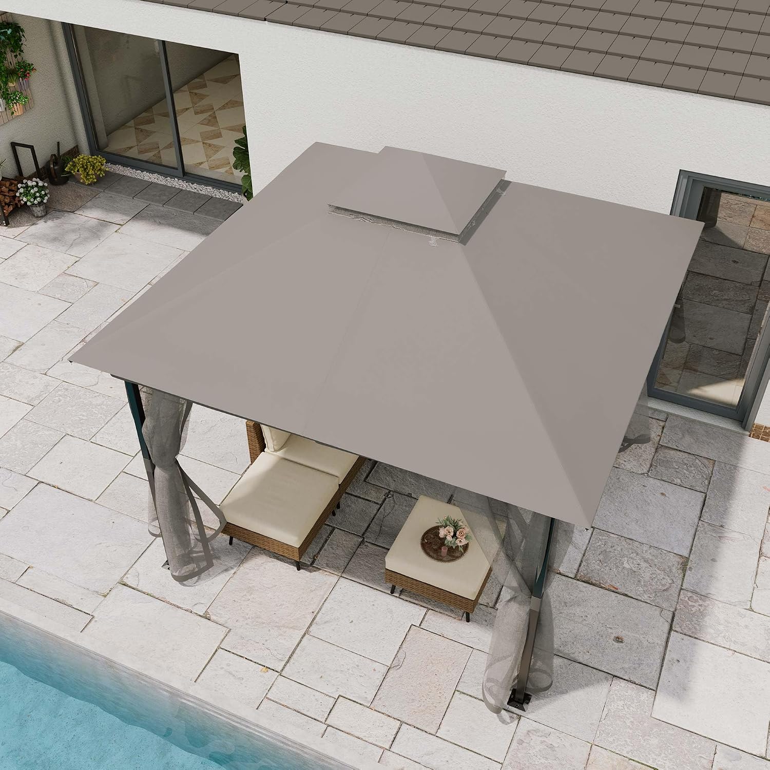 LAUSAINT HOME 10'x10' Waterproof Patio Gazebo with Mosquito Netting, Double Roof Outdoor Gazebo Pavilion Shelter for Backyard, Garden, Lawn, Wedding (Grey)