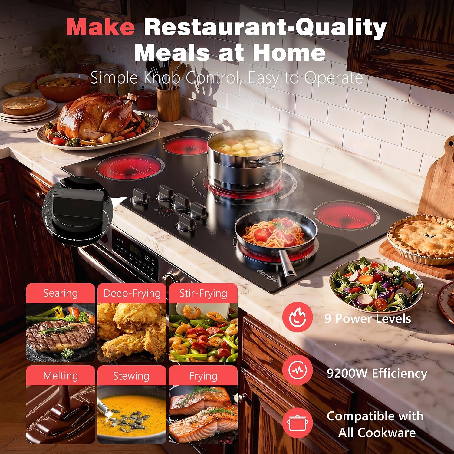 Upgraded 36 Inch Electric Cooktop 5 Burners - Powerful 9200W Built-in(34.25'x19.3') Electrical Stove, Electric Cook Top 30 In Knob Control, 99 Minutes Timer, Safety Lock, 220-240V Hard Wired