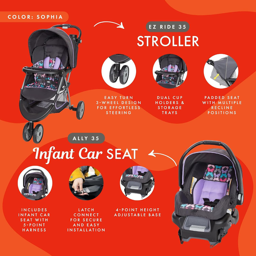 Baby Trend EZ Ride 35 Travel System, Stroller and Infant Car Seat Combo, Sophia - Lightweight and Foldable Compact Design with One Hand Fold and Adjustable Handle