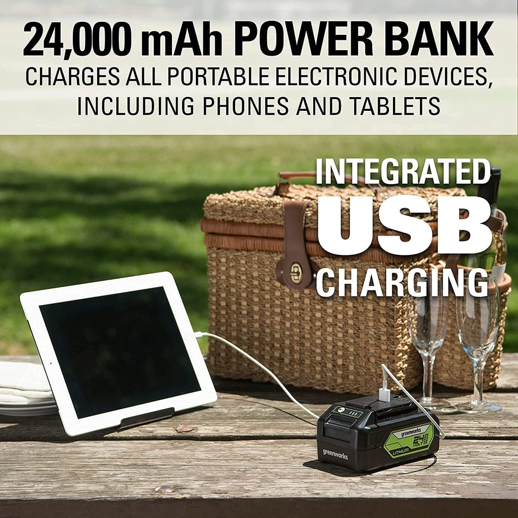 Greenworks 48V (2 x 24V) 17' Brushless Cordless Lawn Mower + 24V Drill / Driver, (2) 4.0Ah USB Batteries (USB Hub) and Dual Port Rapid Charger Included