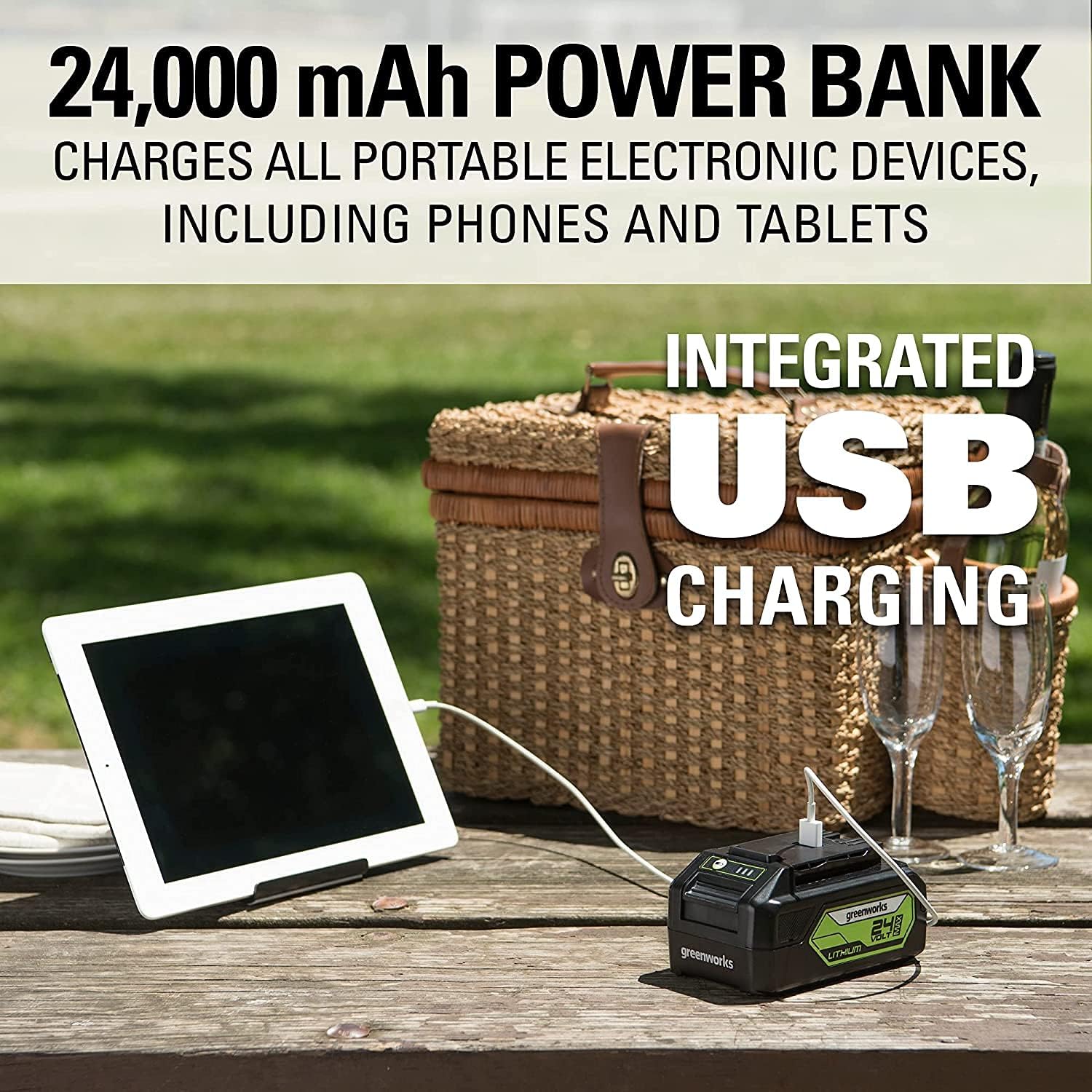 Greenworks 48V (2 x 24V) 17' Brushless Cordless Lawn Mower + 24V Drill / Driver, (2) 4.0Ah USB Batteries (USB Hub) and Dual Port Rapid Charger Included
