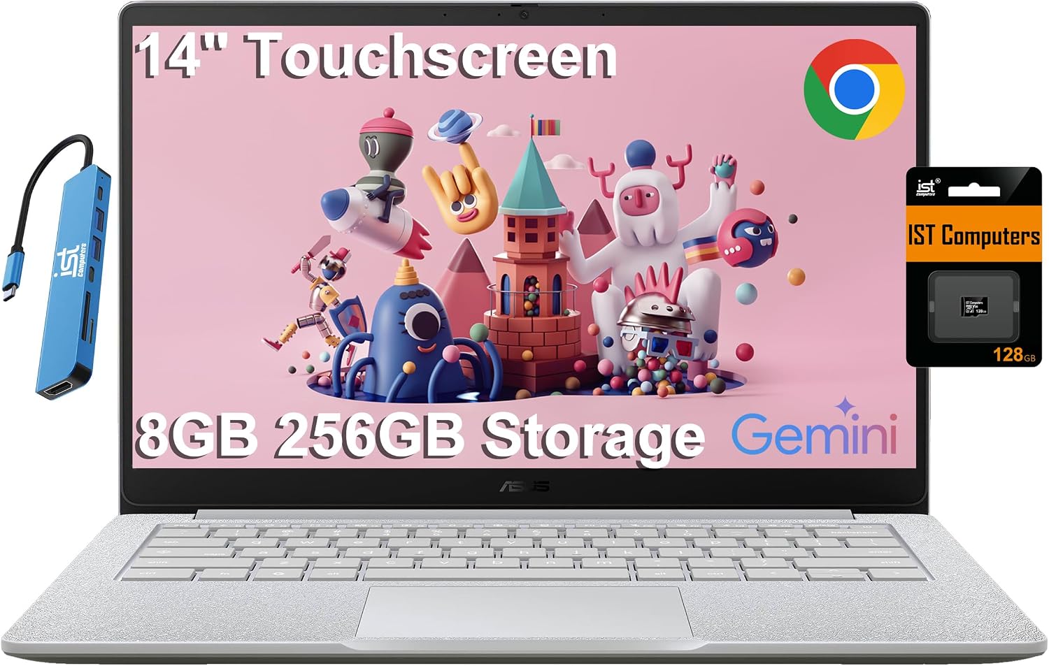 ASUS Chromebook CX1 Laptop (14' FHD Touchscreen, Intel Celeron, 8GB RAM, 256GB Storage (128GB eMMC+128GB SD Card)) Home & Student, Spill-Resistant, Military Grade, Wi-Fi, IST HUB, Chrome OS, CX1405CKA