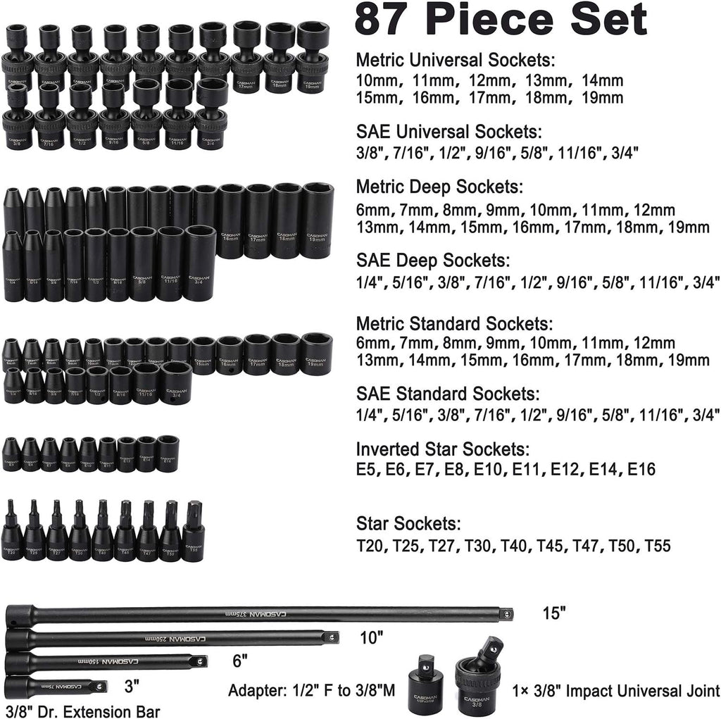 CASOMAN 87PCS 3/8' Drive Master Impact Socket Set, SAE & Metric Standard, Deep, Swivel Sockets,Cr-MO Steel, Includes Star and Inverted Star Socket, Impact Universal Joint, Extension Bars