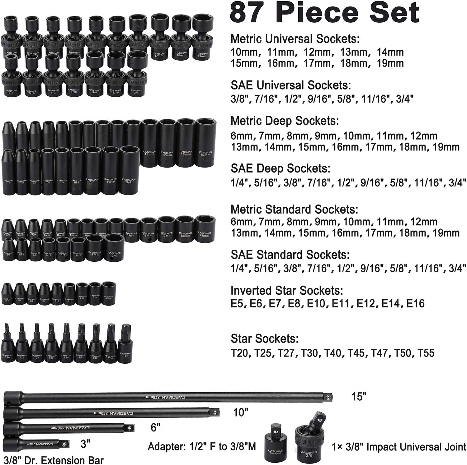 CASOMAN 87PCS 3/8' Drive Master Impact Socket Set, SAE & Metric Standard, Deep, Swivel Sockets,Cr-MO Steel, Includes Star and Inverted Star Socket, Impact Universal Joint, Extension Bars