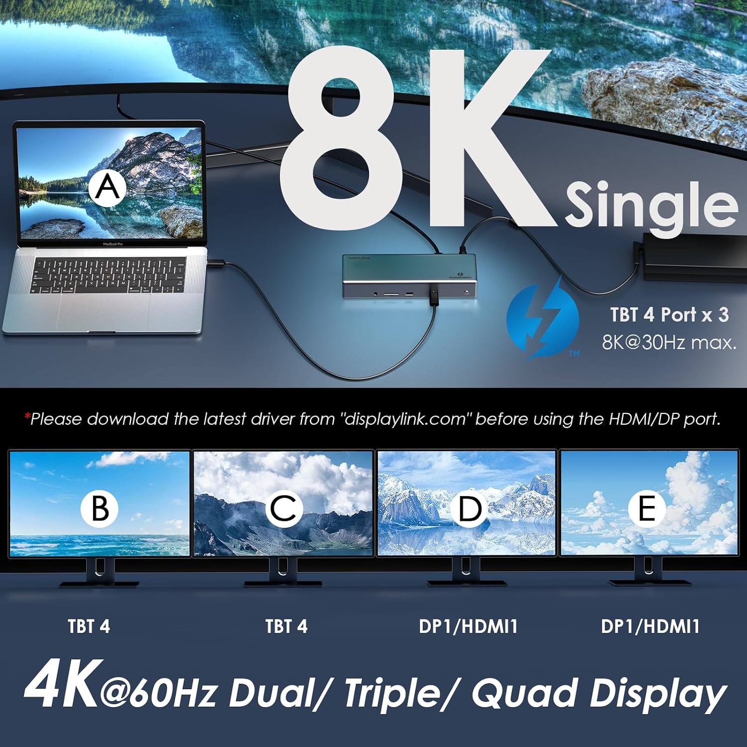 WAVLINK Thunderbolt 4 Dock with 100W Charging, Displaylink Docking Station Quad 4K@60Hz Monitor,3 Thunderbolt 4 Ports, 2.5G Ethernet, Thunderbolt Dock for Mac M1-M4 and PC,Displaylink Driver Required