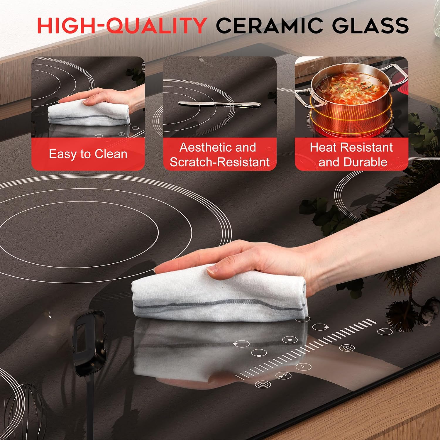 Noxton Electric Cooktop 30 Inch Electric Stove 5 Burners, Built-in Ceramic Cooktop, 9 Heating Level, Pause, Timer, Child Safety Lock, Triple Ring, 220V Hardwire