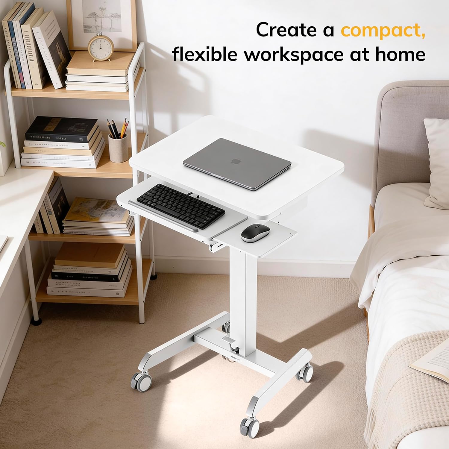 Mount-It! Height Adjustable Rolling Laptop Desk with Keyboard Tray, Mobile Sit-Stand Computer Cart with Wheels, Small Standing Desk for Home, Office, or Classroom, 23.6' x 20.5', White