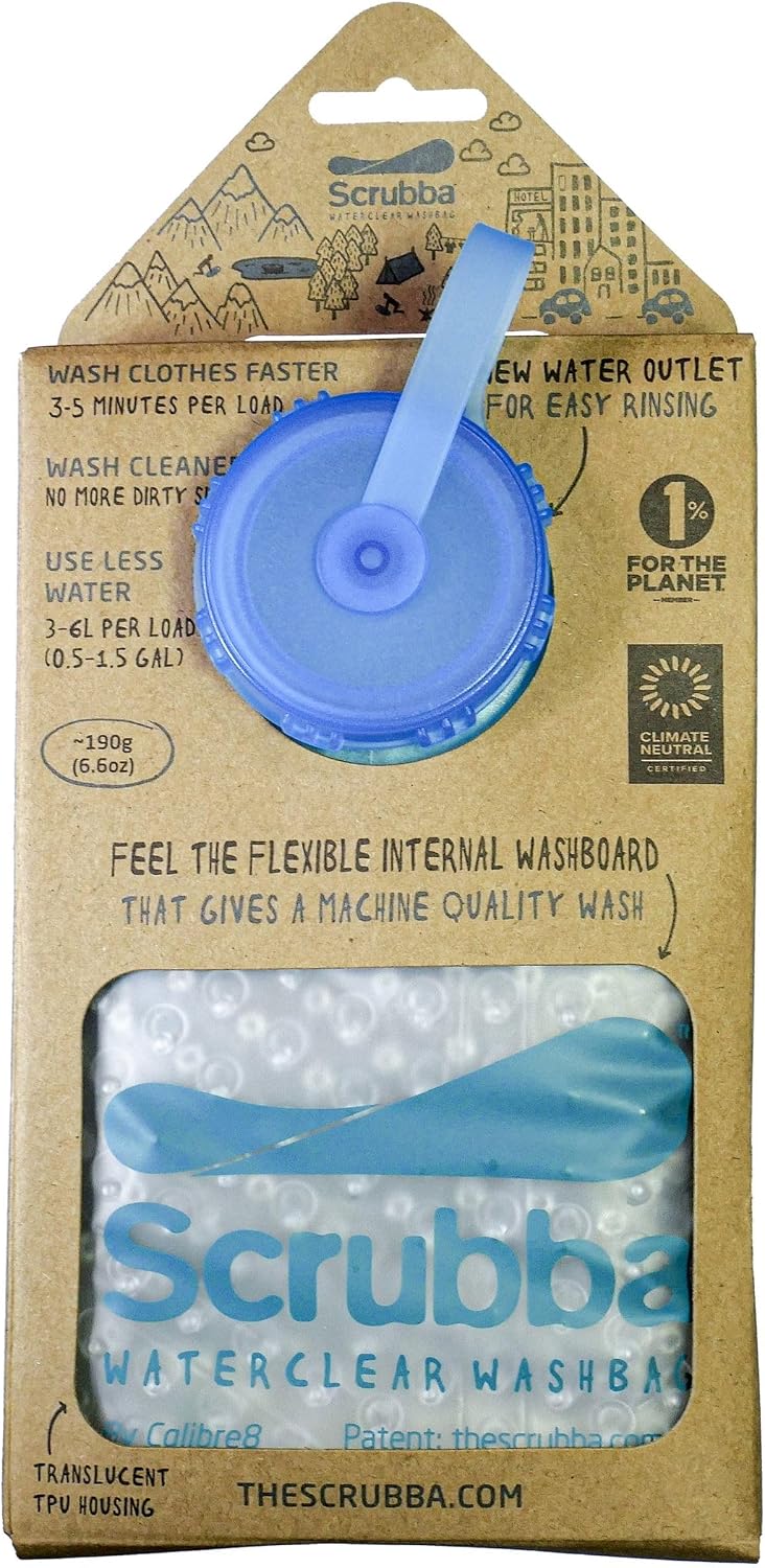 Scrubba WATERCLEAR Wash Bag & Dry Kit - Portable Washing Machine System with XL Towel, Pegless Line & Hangers - Lightweight Laundry Essentials for Camping, Hiking, Hostels & Hotels - Easy-Rinse Inlet