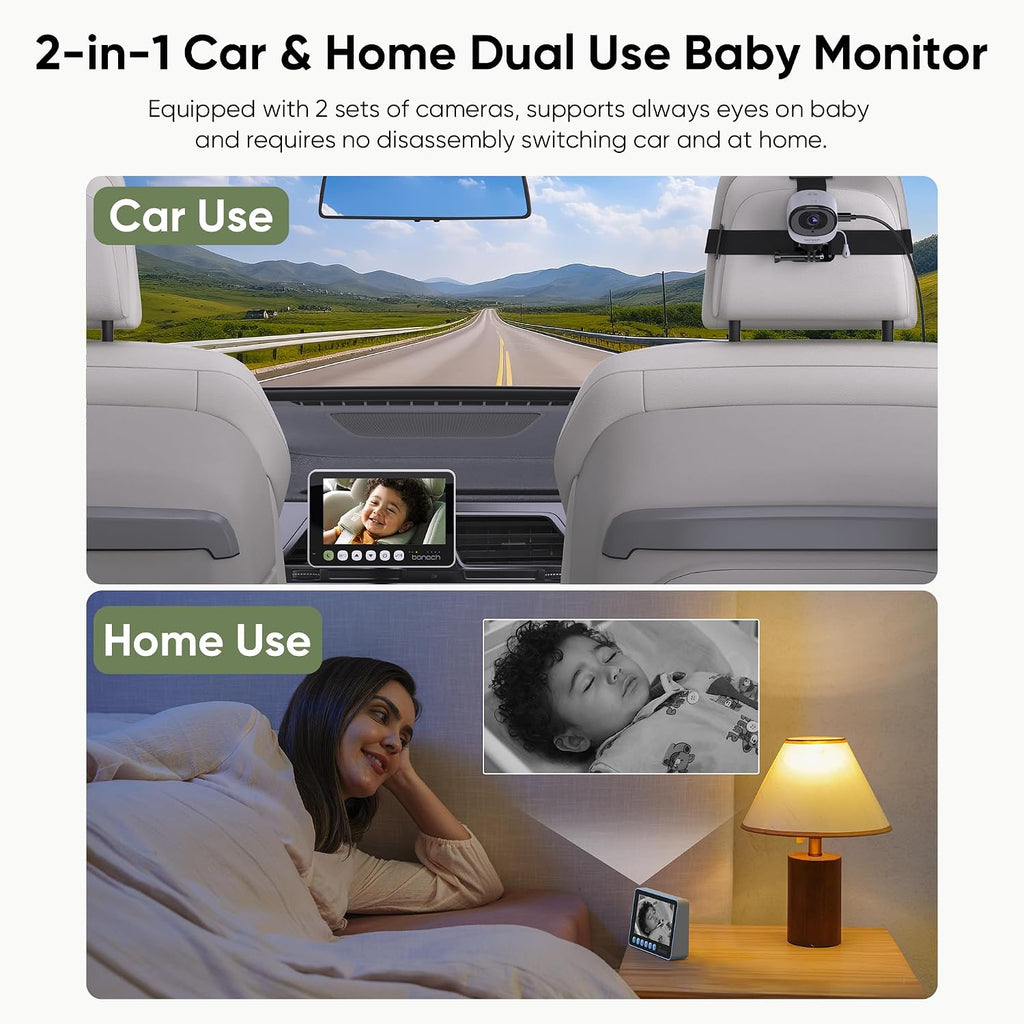 bonoch 2-in-1 Car Home Dual-Use Baby Monitor, 5' HD Clear View Wireless Monitor, 2 USB Powered Cameras for Baby, Seamless Transition Between Car & Home, 360° Rotatable, Night Vision, Easy to Install