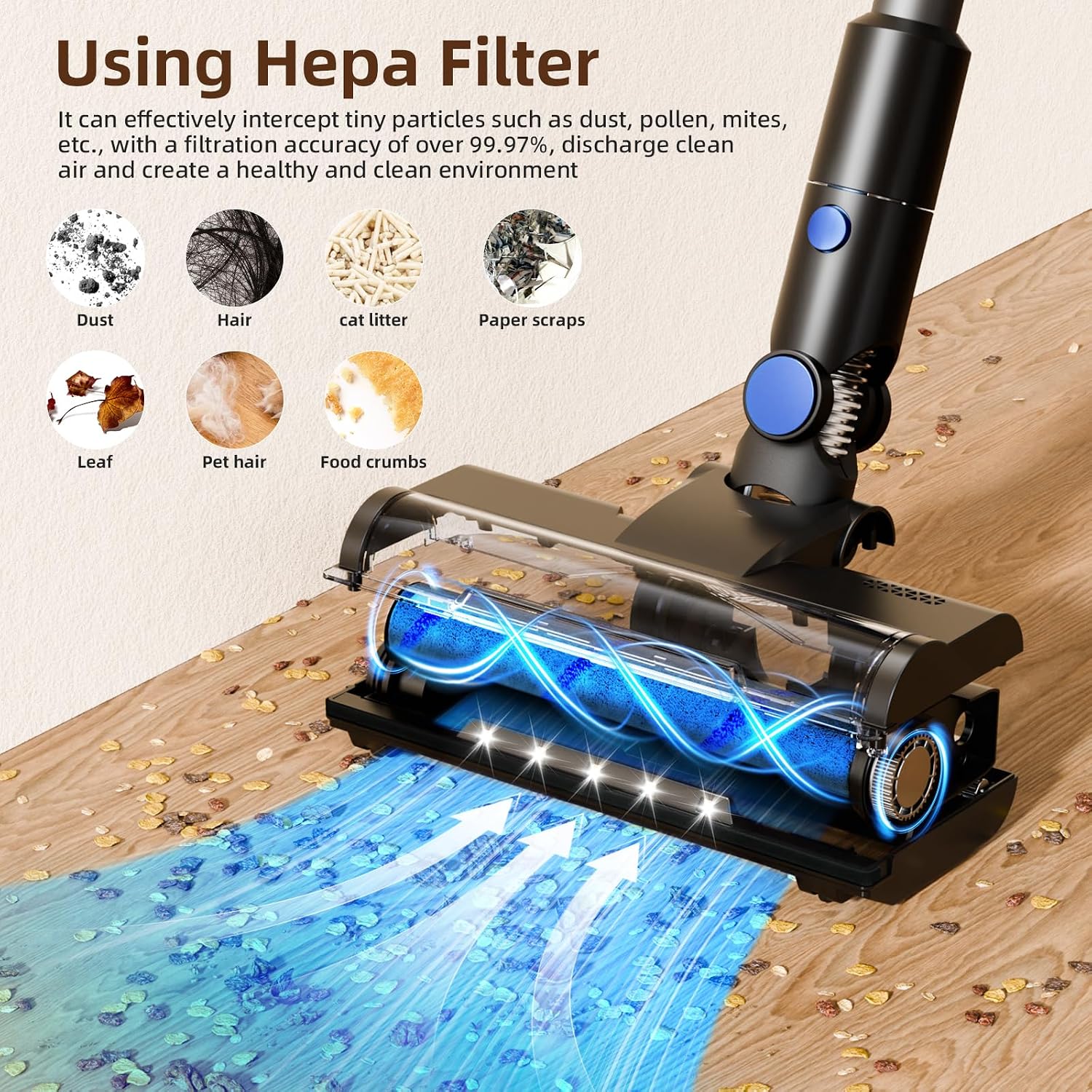 COWSAR Cordless Stick Vacuum Cleaner, Bagless Lightweight Stick Vacuum for Carpet and Floor, 8-in-1 Rechargeable Wireless Powerful Suction Vacuum Cleaner for Home, Blue