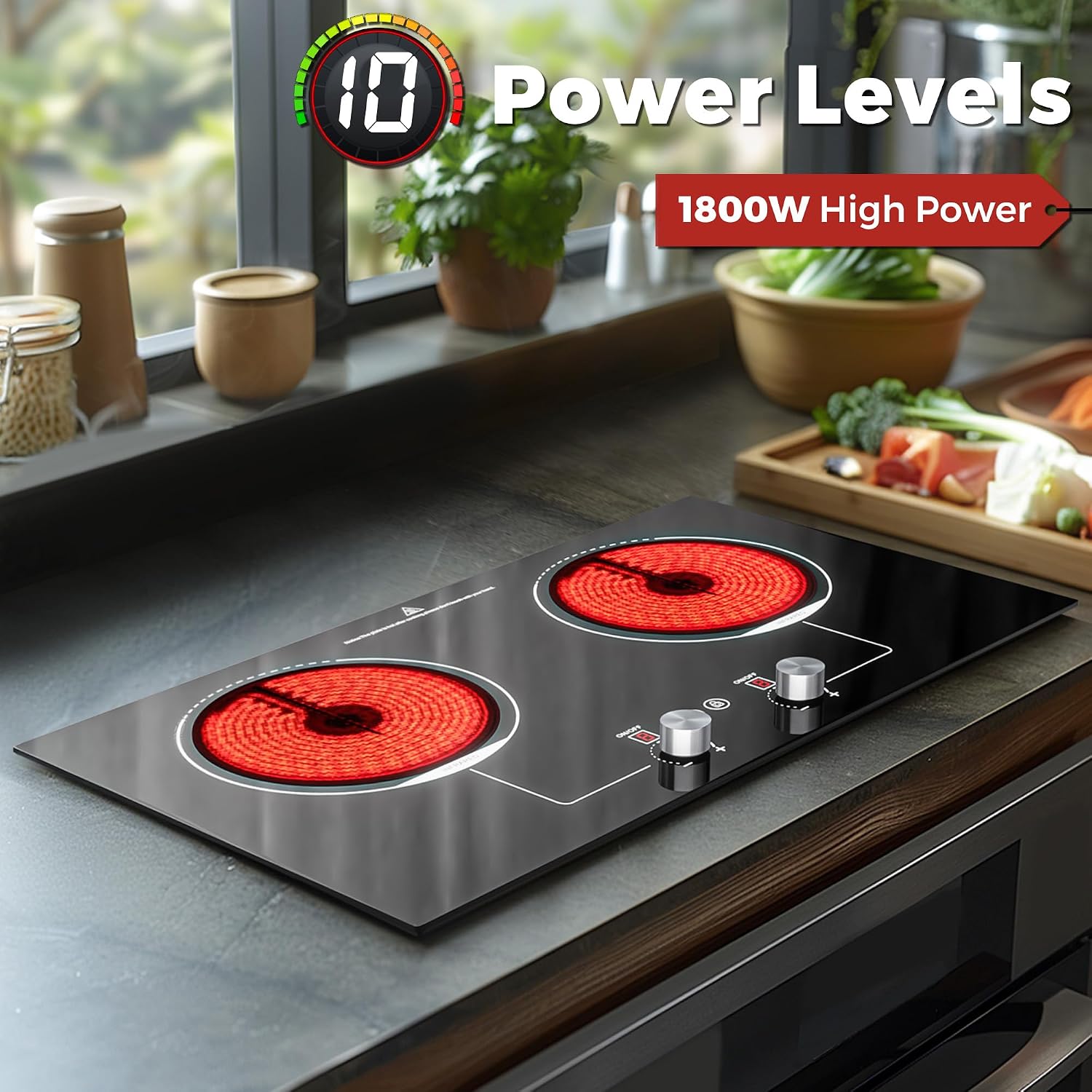 ADVWIN Electric Cooktop, 2 Burner Knob Control Plug in Built-in Ceramic Electric Stove Top with Child Safty Lock & Timer & Over-Temperature Protection & 10 Power Setting (2burners)