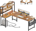 Mericonia 59 inch Large L Shaped Desk with Pegboard Hutch & Shelves, Corner Gaming Desk with Power Outlet, LED Light & Storage Bag, Reversible Computer Desk for Home, Bedroom, Office Workspace, Brown