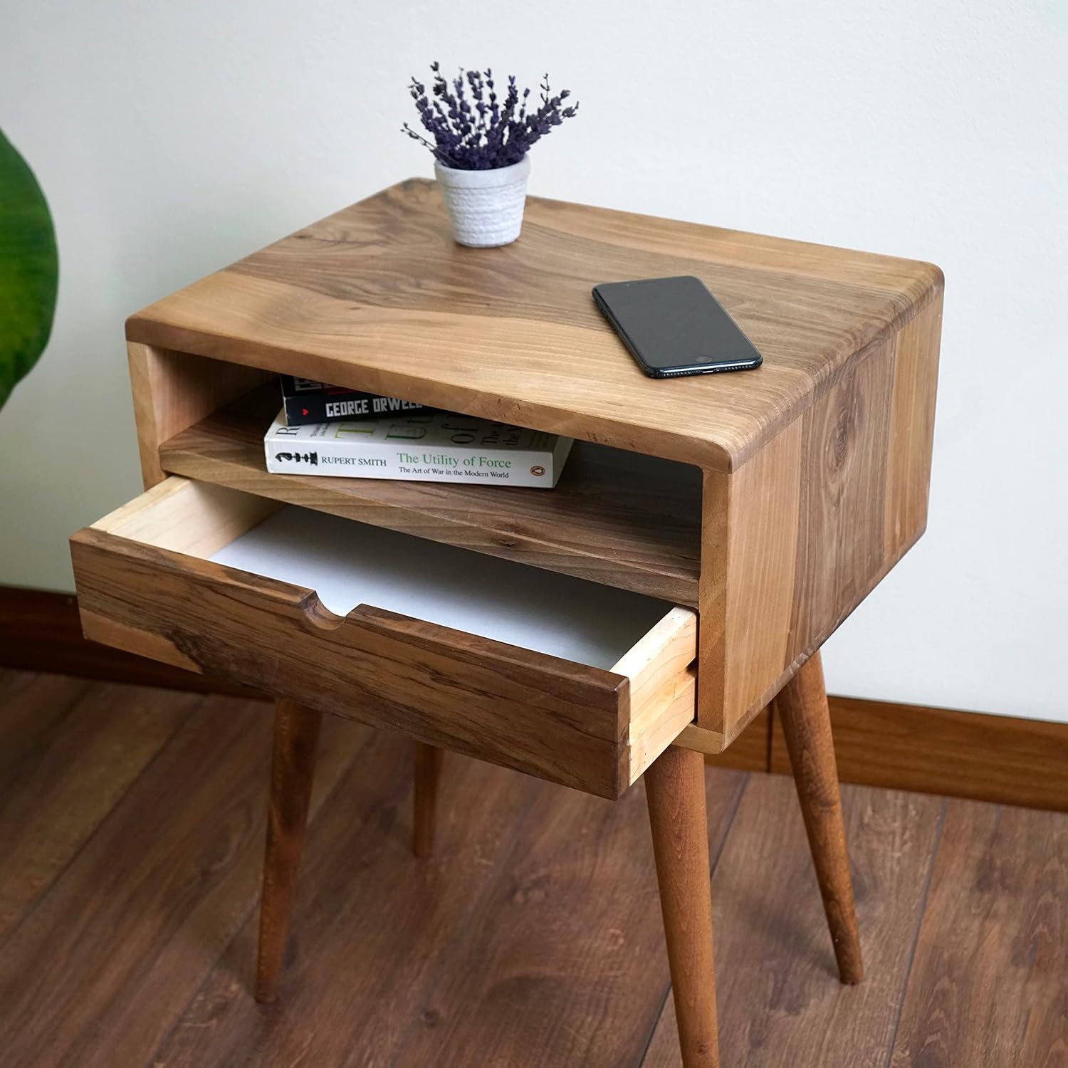 Ultimate Premium Products Mid Century Nightstand with Drawer Solid Walnut Bedside Table with Shelf Nightstand Organizer Unique Style Handmade Bedroom Furniture