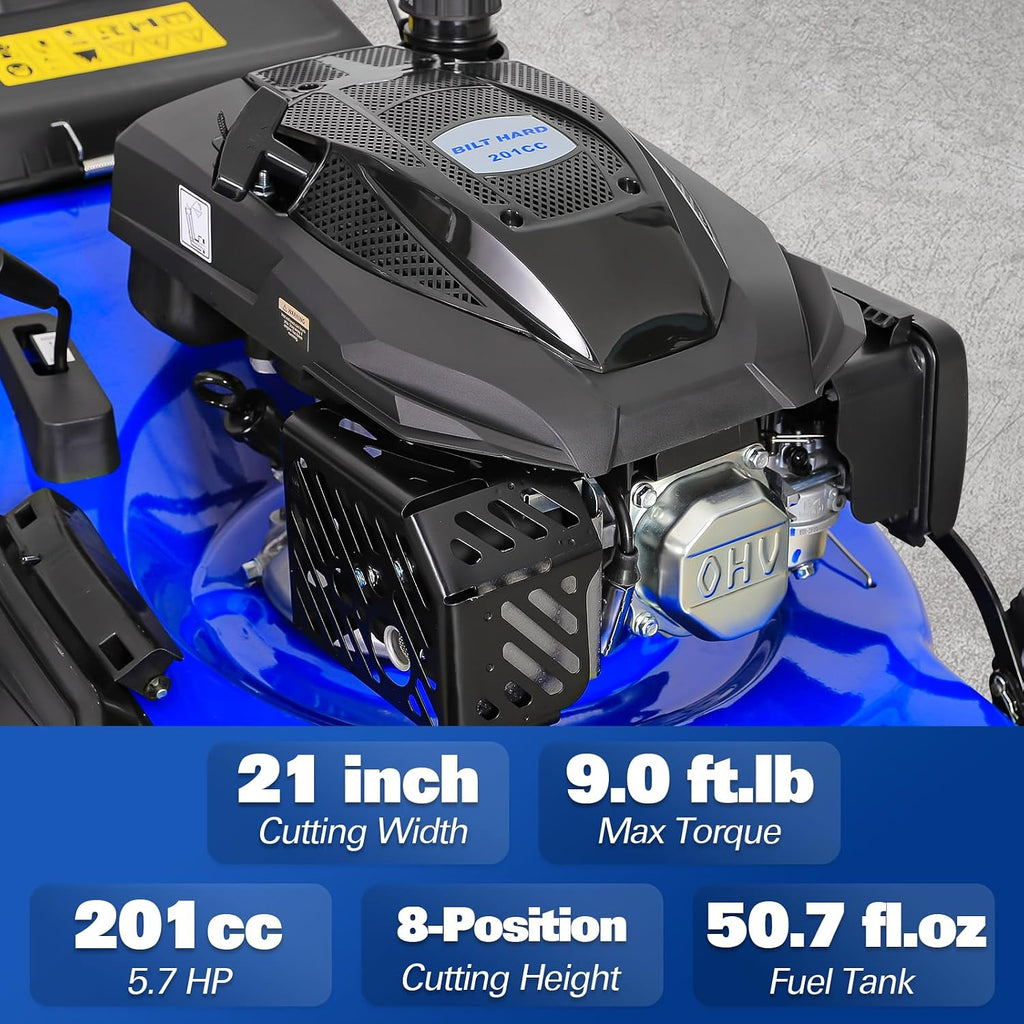 BILT HARD 21 Inch Lawn Mower Gas Powered, 4-Cycle 201cc Engine, 3-in-1 Push Lawnmower with Bagging, Mulching & Side Discharge, Adjustable 8-Positions Cutting Height, Easy Start