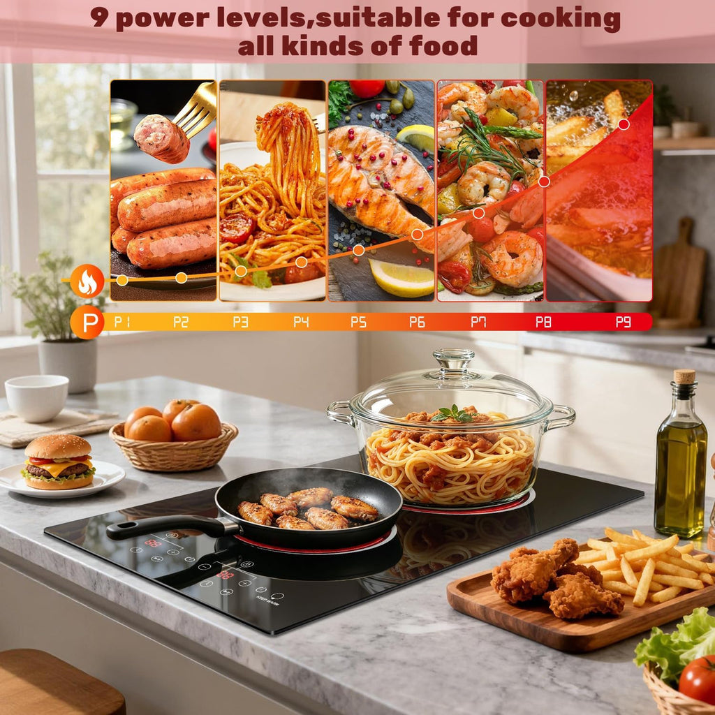 2 Burner Electric Cooktop 2000W, 12 Inch Electric Cook Top Plug in 110V, Electrics Stove with Touch Control, Countertop & Built-in Ceramic Stovetop, 9 Heating Level, Timer, Residual Heat Indicator
