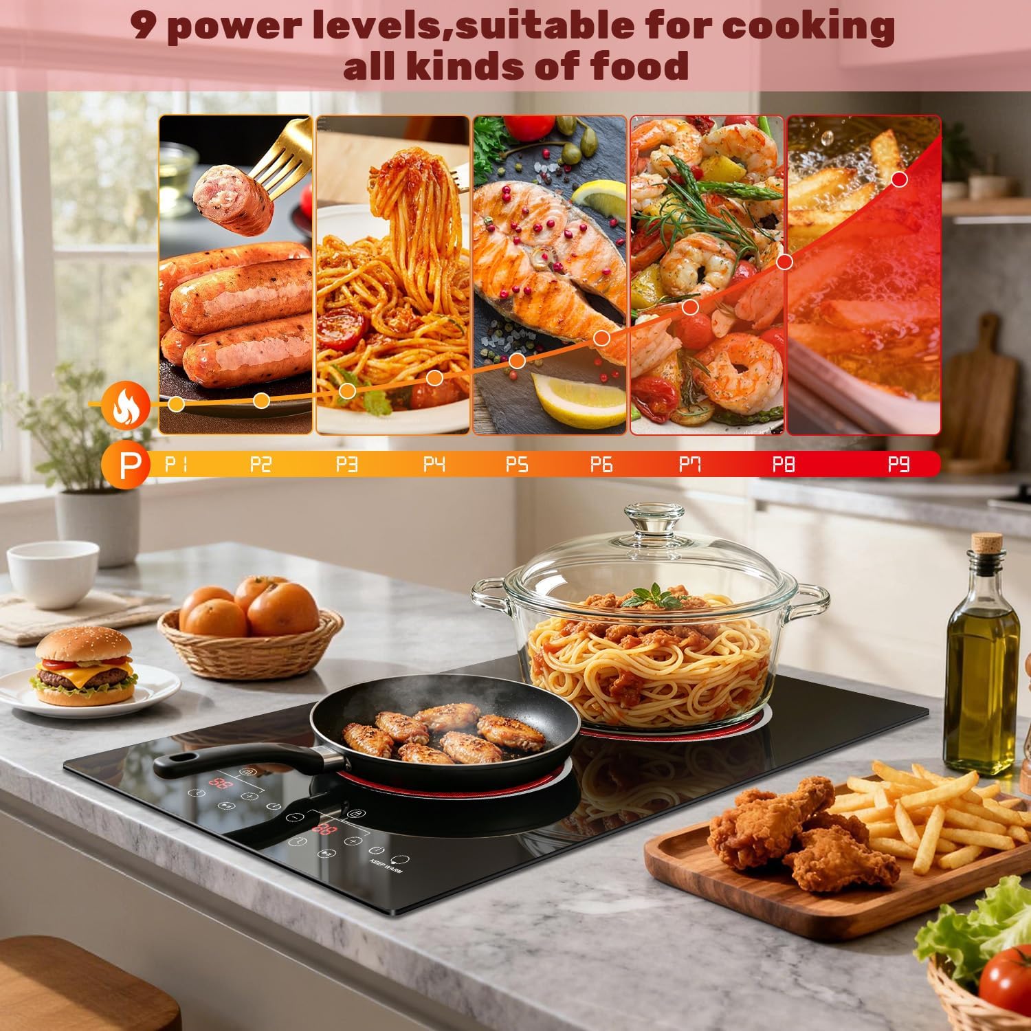 2 Burner Electric Cooktop 2000W, 12 Inch Electric Cook Top Plug in 110V, Electrics Stove with Touch Control, Countertop & Built-in Ceramic Stovetop, 9 Heating Level, Timer, Residual Heat Indicator