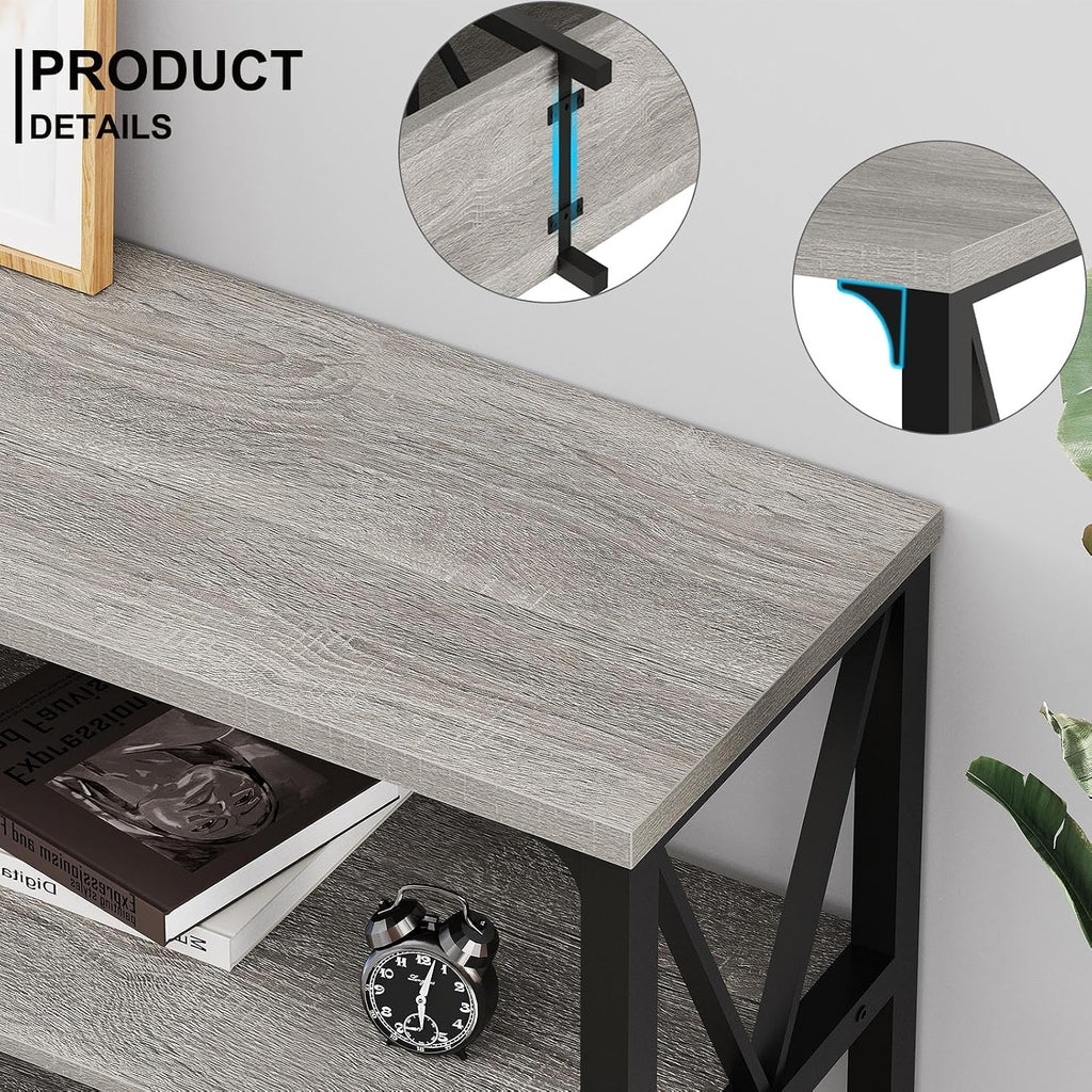 LVB Industrial Entryway Table, Farmhouse Rustic Console Table Behind Couch, Long Metal Wooden Sofa Table with Storage Shelf, Modern Foyer Hallway for Living Room Bedroom, Light Grey Oak, 63 in