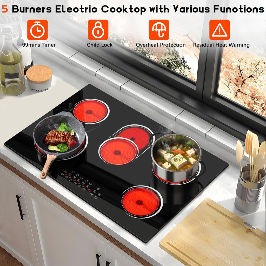 30 Inch Electric Cooktop 5 Burner 8400W Electric Stove 30 Inches Built-in Ceramic Stovetop with Touch Control, Timer, 9 Power Level, Safety Lock & Pause, 220V-240V Hard Wird (No Plug)