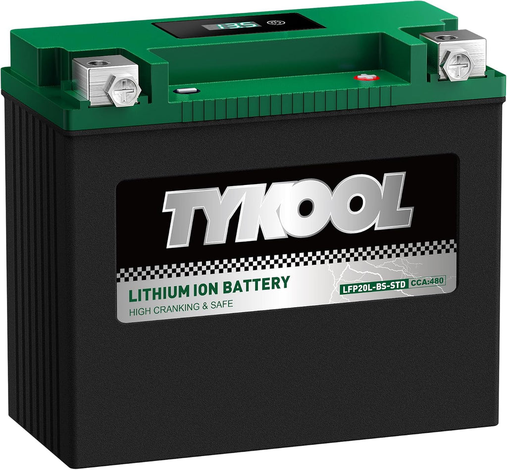 TYKOOL LFP20L-BS-STD Lithium Battery, Replaces YTX20L-BS 65989-97C, 480CCA 8Ah Fits for Motorcycle ATV UTV PWC, Compatible with Harley Davidson Softail Fat Boy V-Rod Heritage Classic, Digital Readout