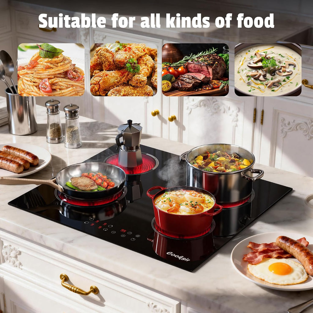 Electric Cooktop 24 Inch, 4 Burner Electric Stove Top Drop-in(22.05'x19.3') 220V-240V, 24 Inch large Ceramic Stovetop with Ceramic Glass, Timer, Kids Safety Lock, 220V Hard Wired (No Plug)