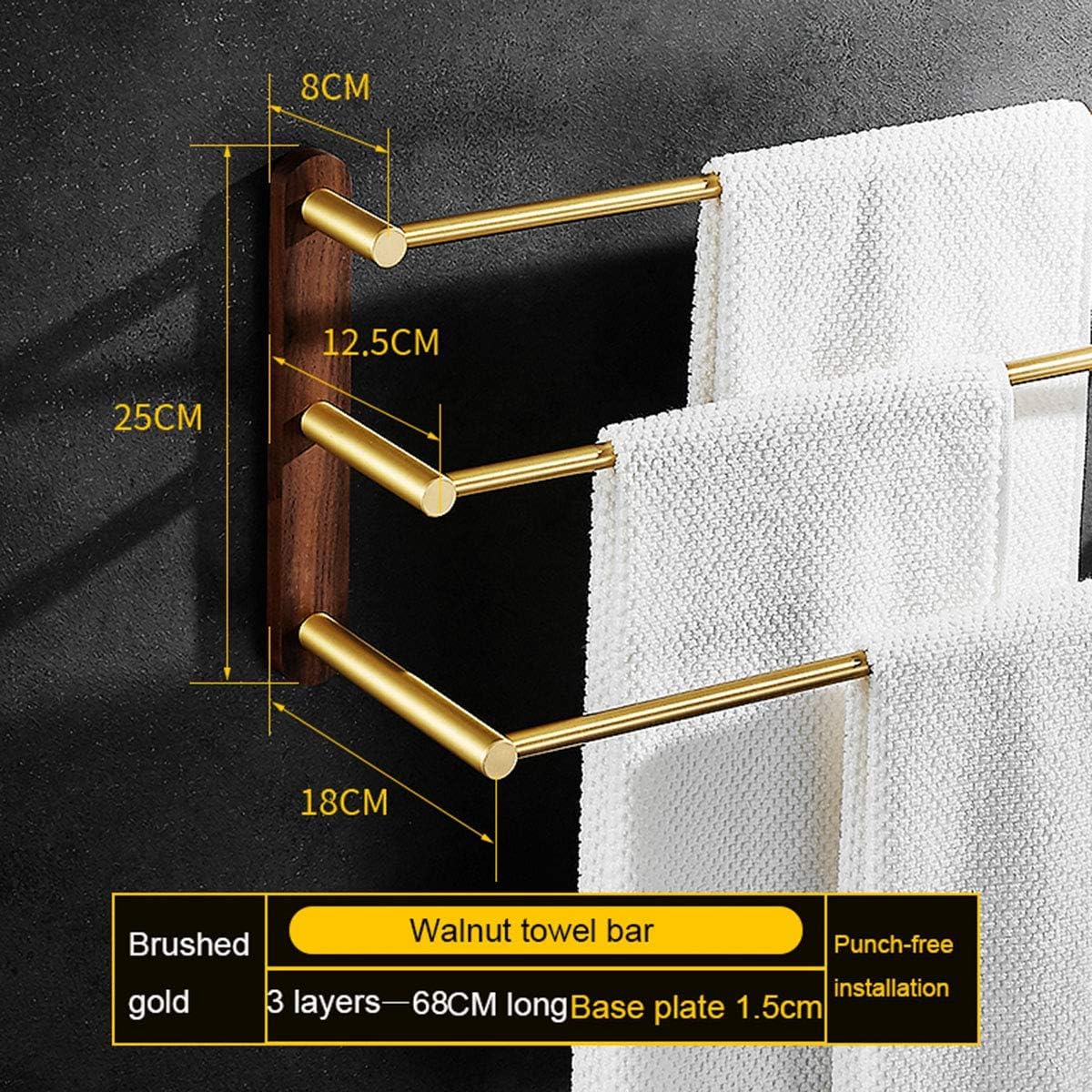 Towel Rail Bar Three Layers Bathroom Stylish Towel Rack Holder Hanger Wall Mounted 38cm/14.96inch Space Aluminum and Walnut Wood Towel Shelf(Size:68cm) (68cm)