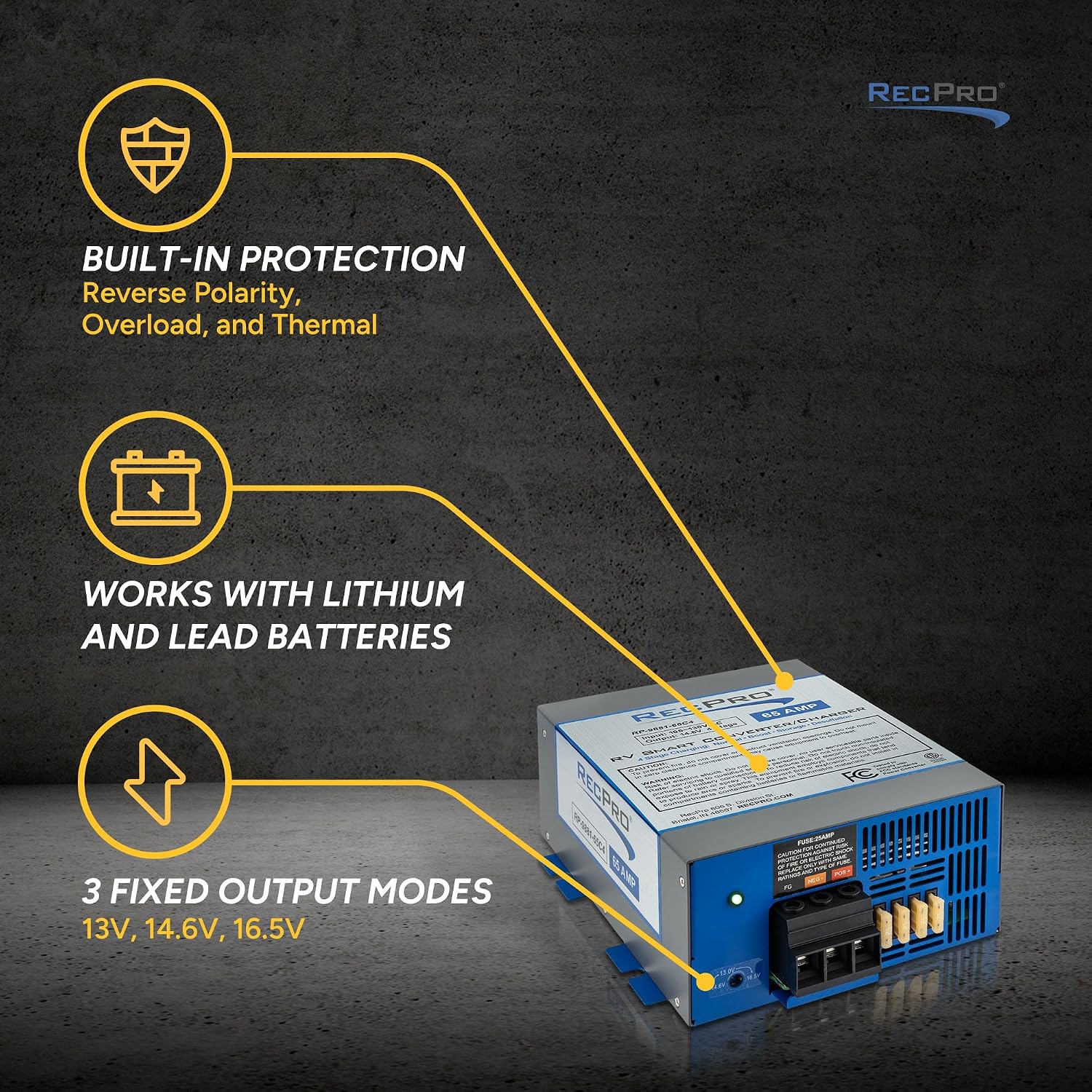 RecPro RV Converter 65 Amp | RV Power Converter & Battery Charger | 4 Stage Smart Charging | 120VAC to 12VDC | 13V to 16.5V Operating Range