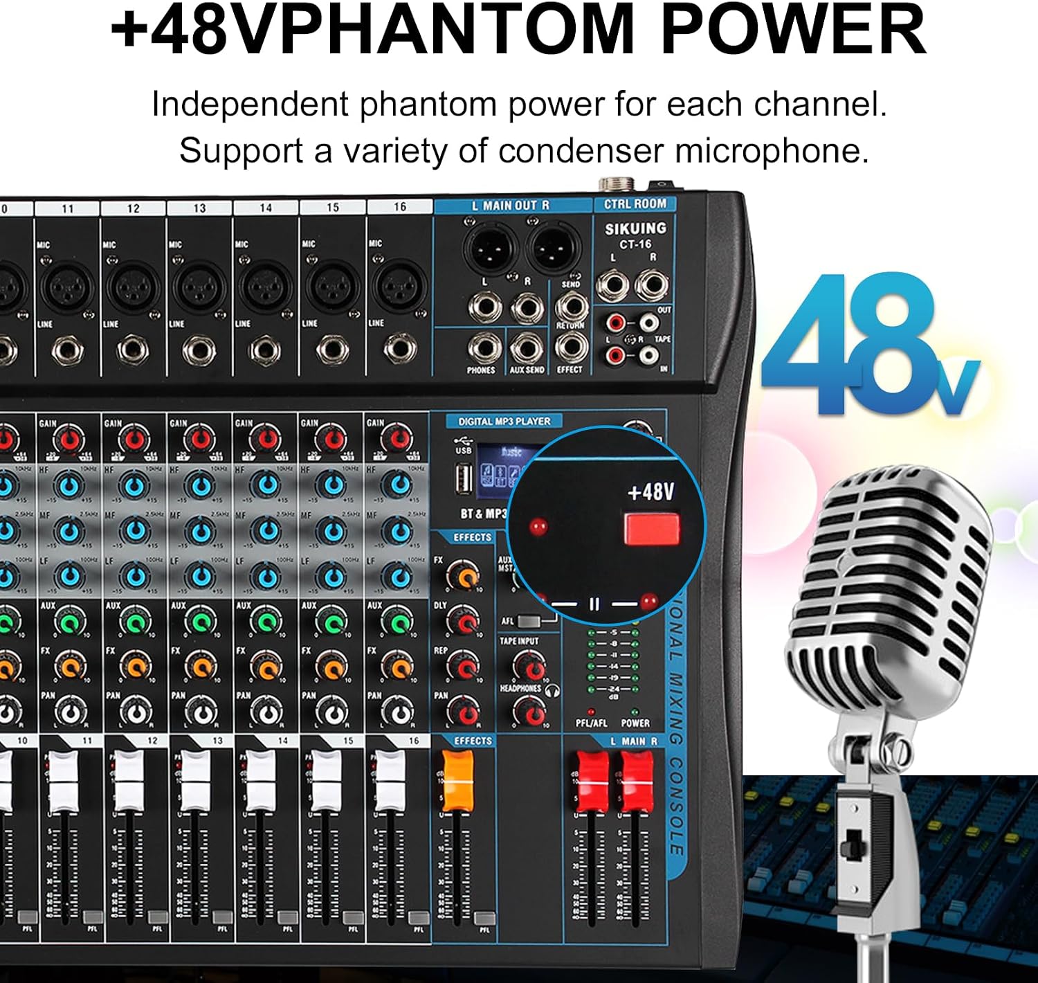 16 Channel Audio Interfacer Sound Board Mixer DJ Mixer 16-Bit DSP Effect USB Audio Mixer +48V Phantom Power Bluetooth Mixer for Karaoke Studio Streaming Recording,Live Streaming