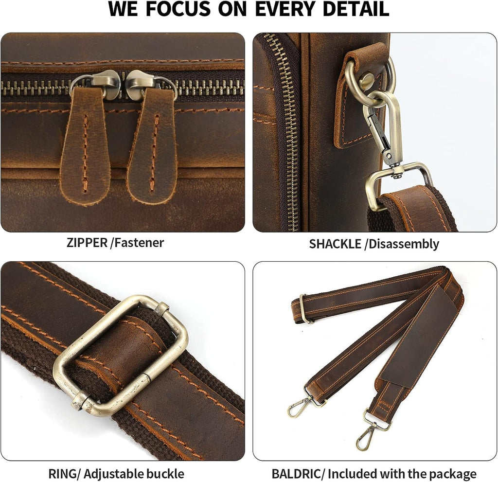 Jack&Chris Full Grain Leather Briefcase for Men, Business Messenger Bag Laptop Bag Attache Case, Fits 15.6 Inch Laptop