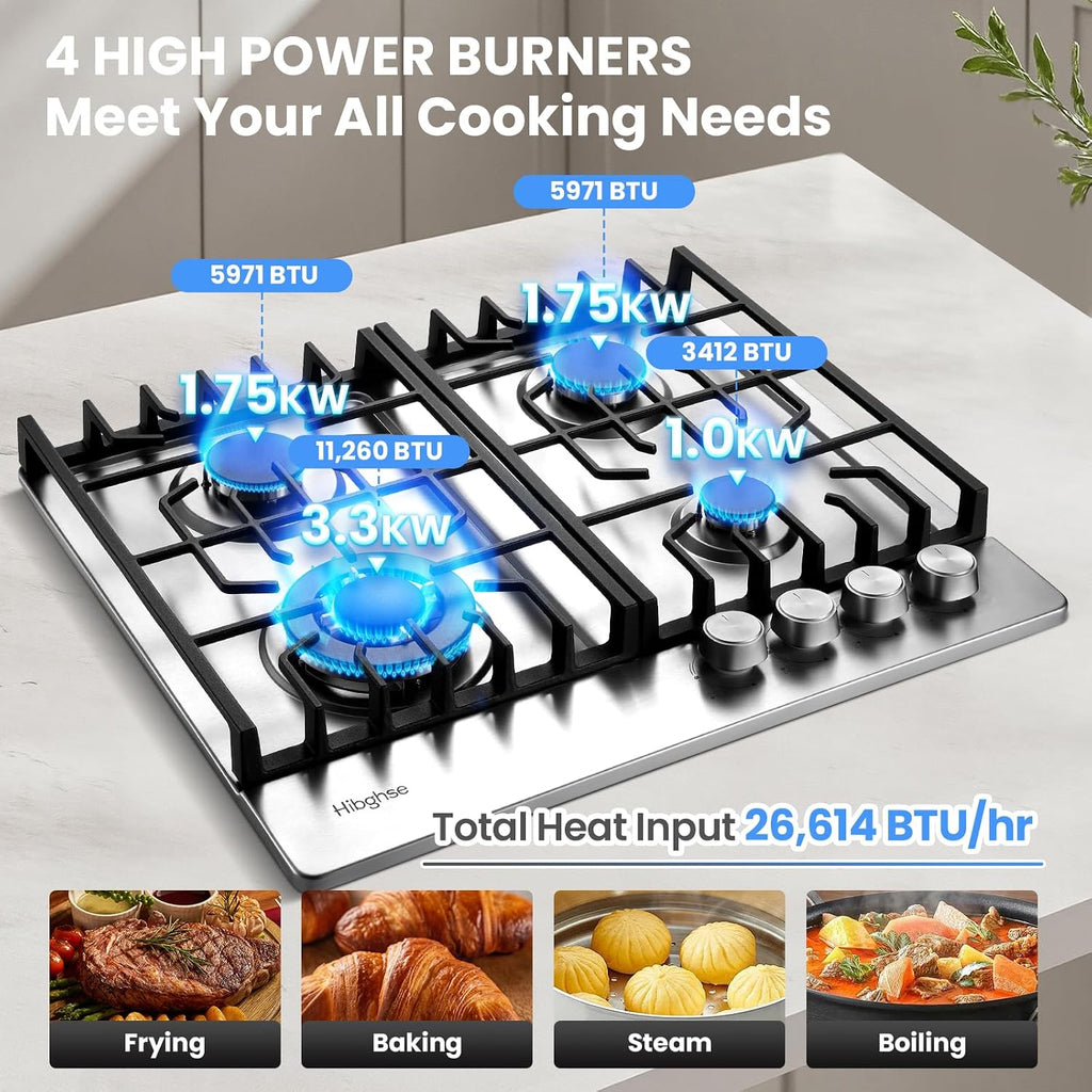 24 Inch Built-in Gas Cooktop with 4 Burner, Stainless Steel Gas Stove Top NG/LPG Convertible Propane Cooktops, Flame Out Protection