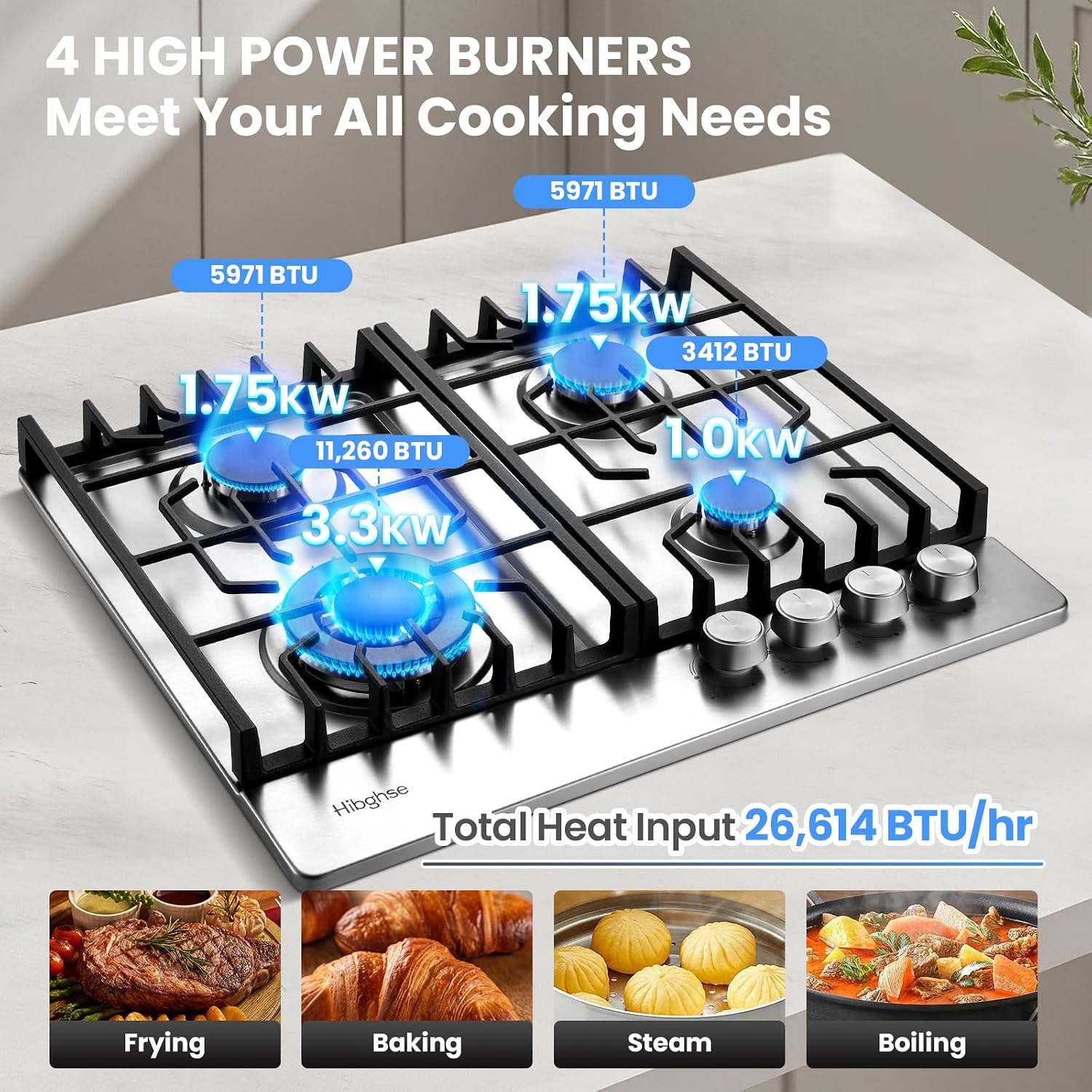 24 Inch Built-in Gas Cooktop with 4 Burner, Stainless Steel Gas Stove Top NG/LPG Convertible Propane Cooktops, Flame Out Protection